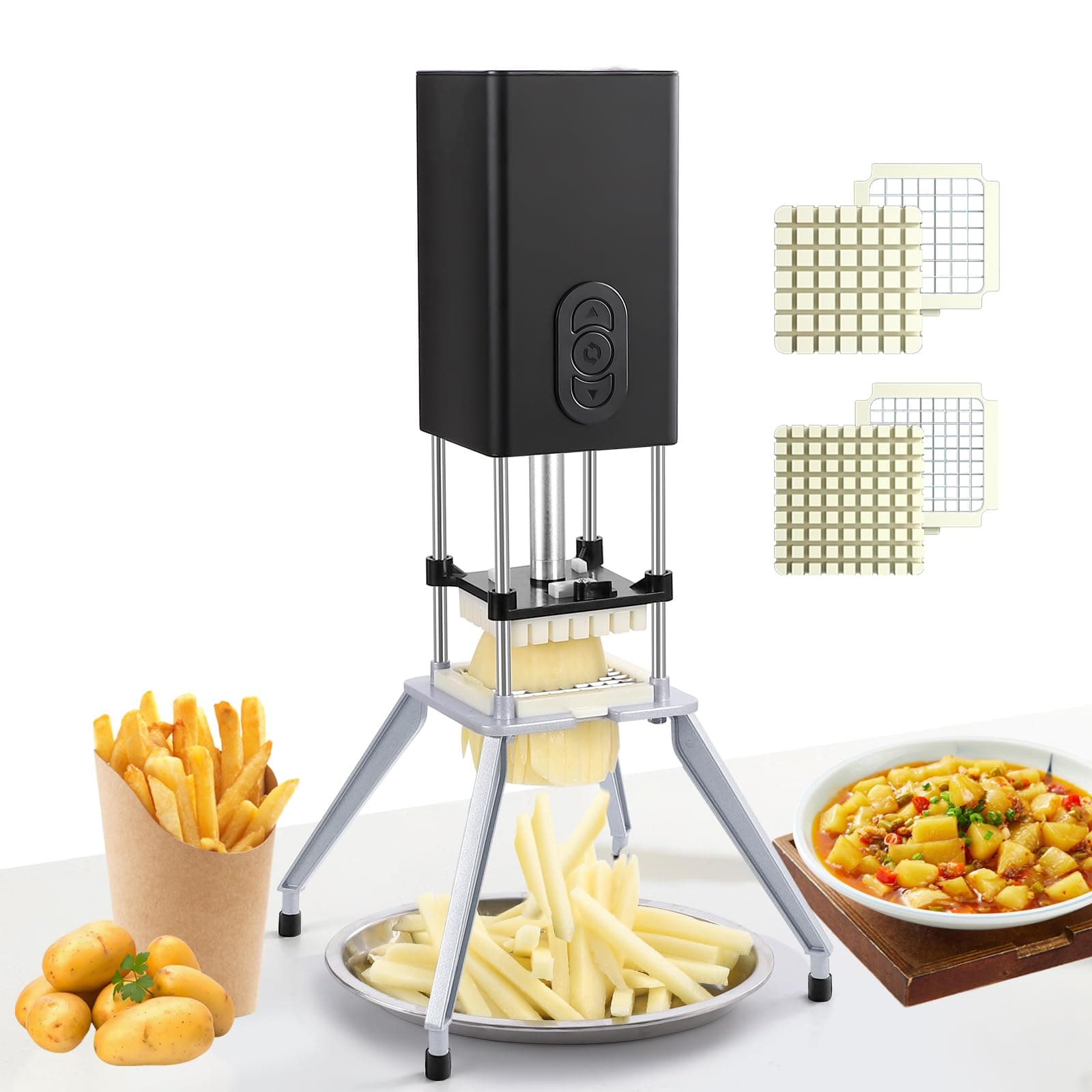 YOTAN Electric French Fry Cutter,Vertical French Fry Cutter with 1/2 & 3/8 Inch Blade,Professional Commercial and Household Automatic Potato Slicer,Electric Vegetable Chopper (Black)