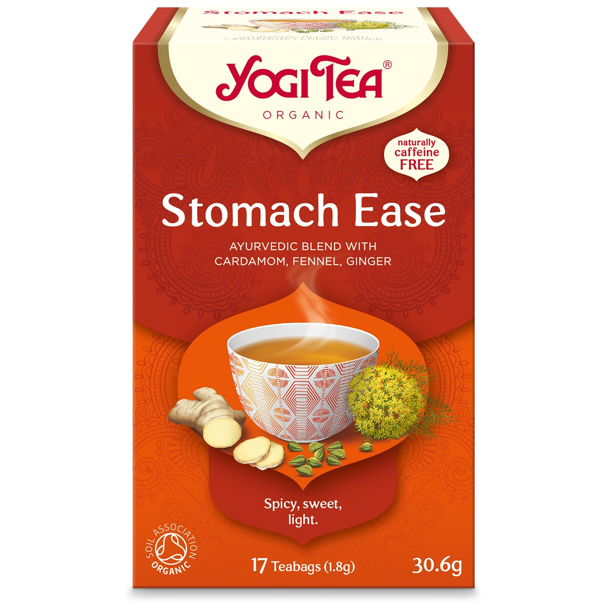 Yogi Tea, Stomach Ease, Organic Herbal Tea, Naturally Caffeine Free, Blend of Cardamom, Fennel and Ginger, 17 Tea Bags