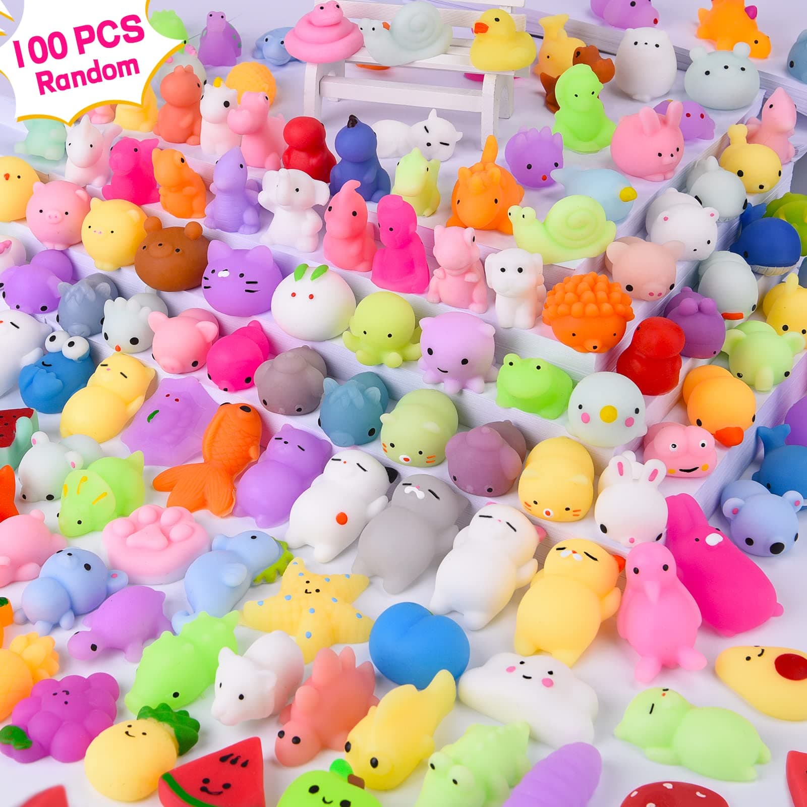 100PCS Kawaii Squishies, Mochi Squishy Toys for Kids Party Favors, Mini Stress Relief Squishy Fidget Toys for Classroom Prizes for Kids Party Favors Goodie Bags Stuffers with Storage Bag