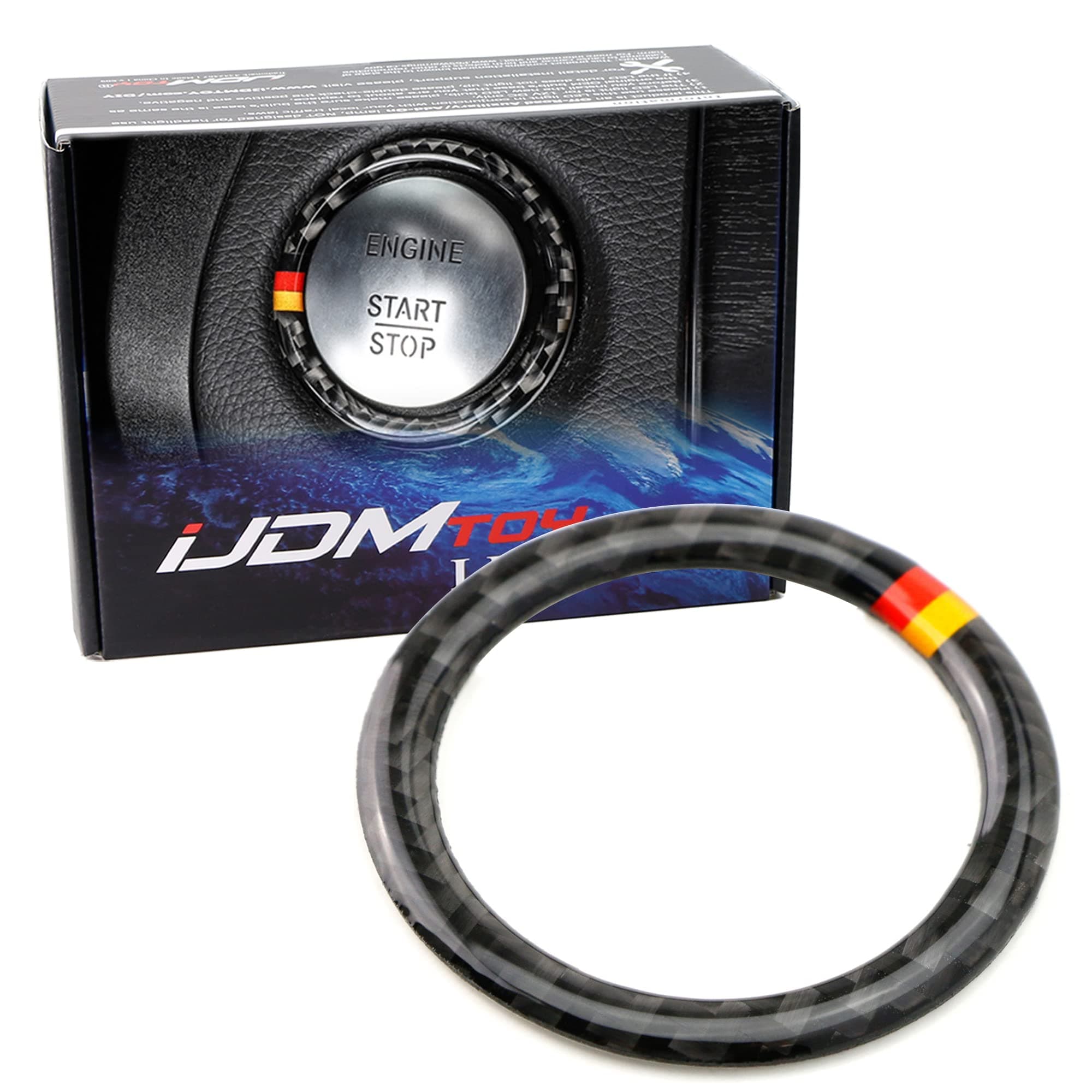 Black Real Carbon Fiber Engine Push Start Button Surrounding Decoration Ring w/German Flag Color Stripes Compatible with Mercedes C E S R ML GL CLA CLS GLA GLC GLE Class