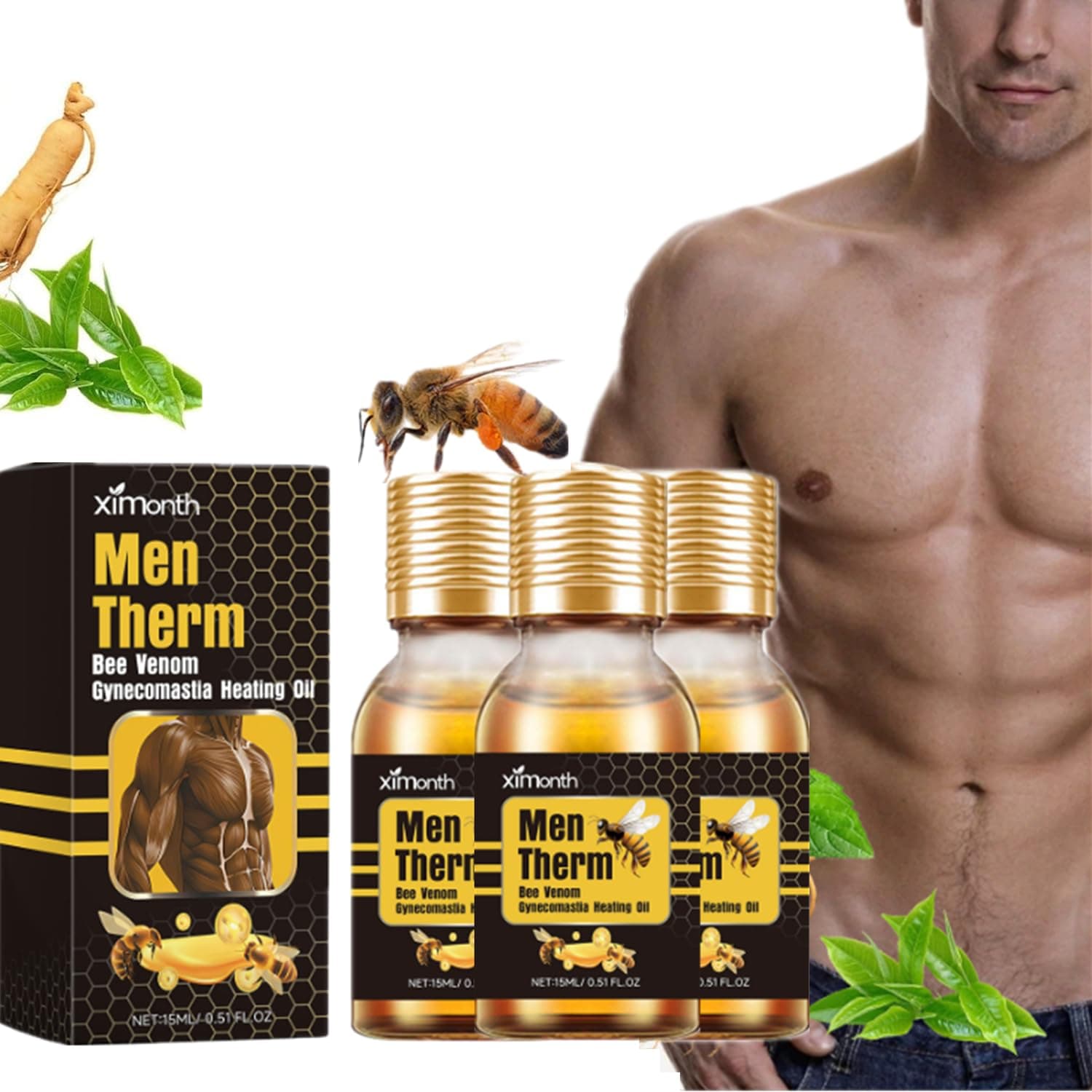 3Pcs Men Therm Bee Venom, The Chest Muscles Bee Venom Oil,Best Men Therm Bee Venom Gynecomastia Heating Oil, Mens Therms Bees Venoms Oils for Strengthen The Chest Muscles