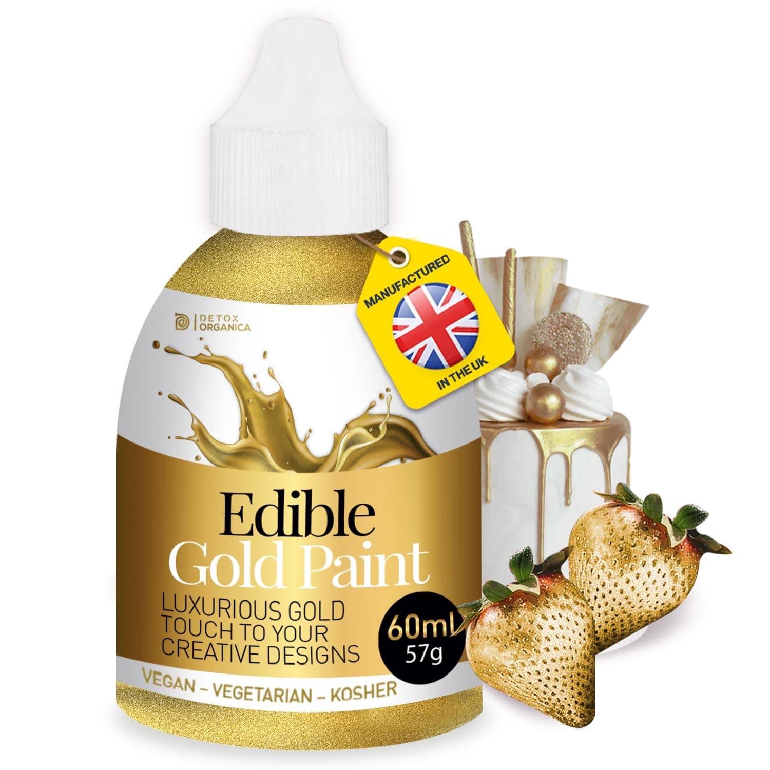 Gold Edible Paint 60 ml - Edible Gold Paint for Cake Decorating – Food Colour Liquid to Use with Sponge, Brush or Thinned with Airbrush – Vegan, Vegetarian Suitable