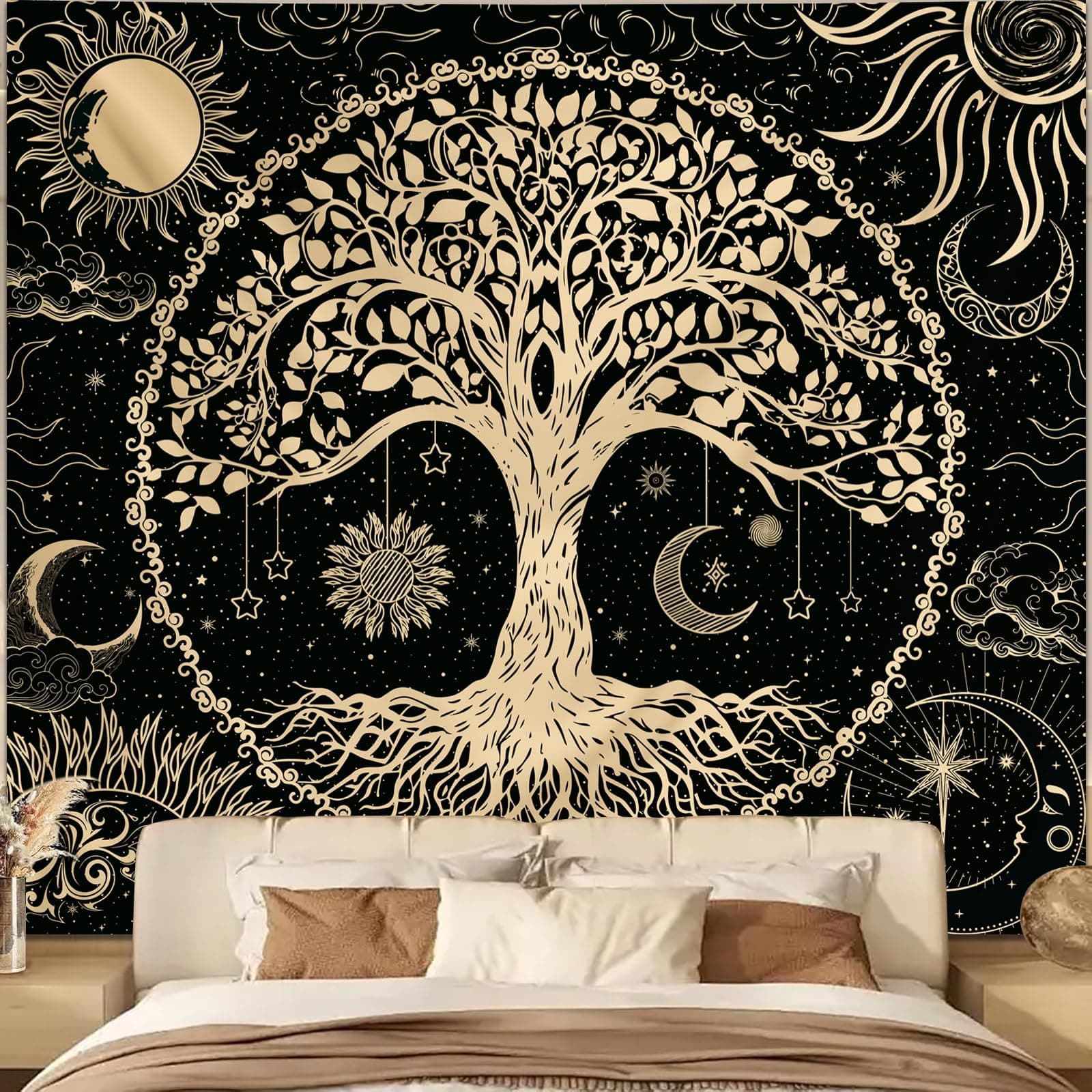 ri yue jin se 130x150 Sun and Moon Tapestry Tree of Life Wall Tapestry for Bedroom Aesthetic Black and Gold Wall Hanging Home Decor for Dorm Living Room 51in x 60in
