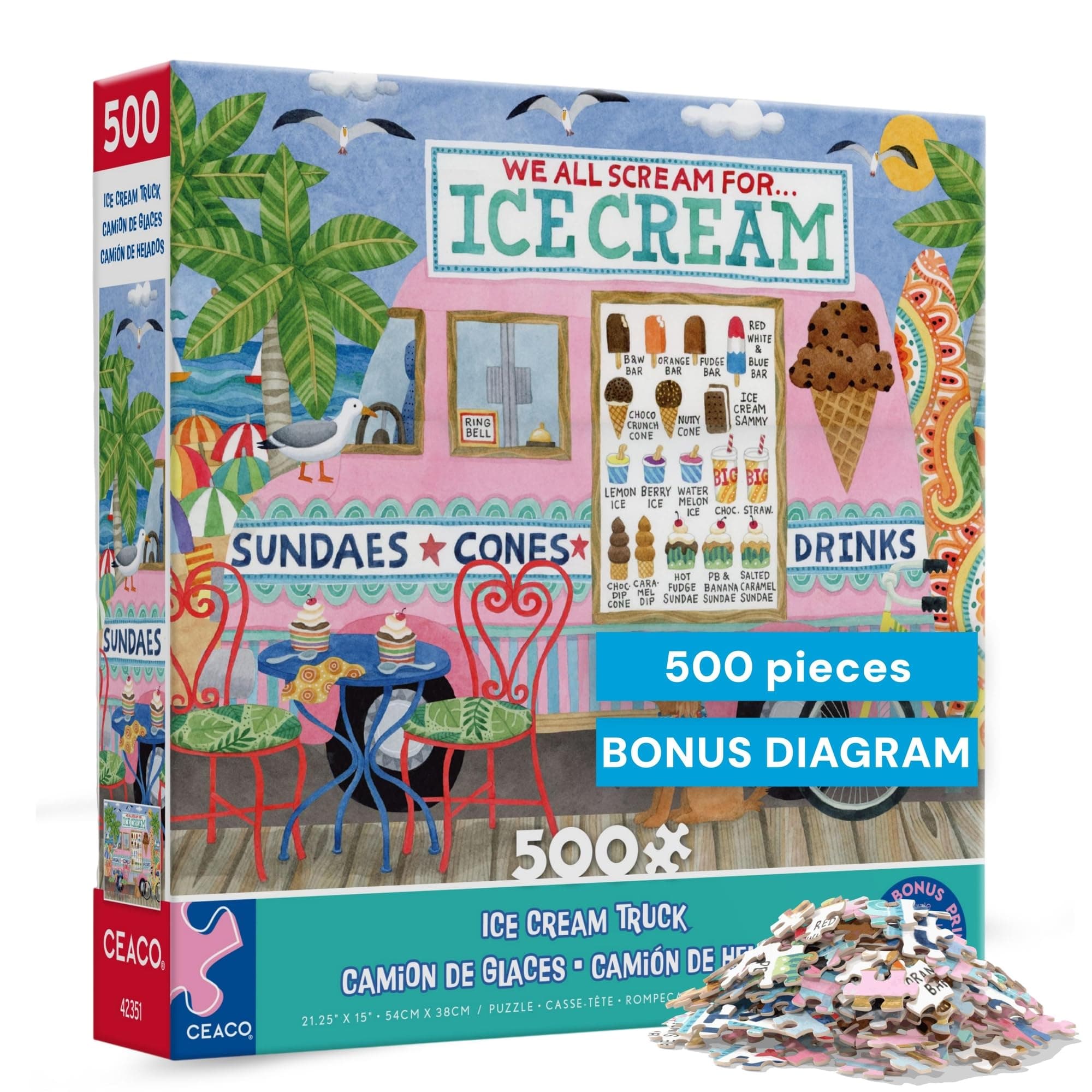 Ceaco- Food Trucks - Ice Cream Truck II - 500 Piece Jigsaw Puzzle for Adults and Families - Colorful Summer Beach Scene with Ice Cream Stand - Finished Size 19 x 19 - Made in The USA