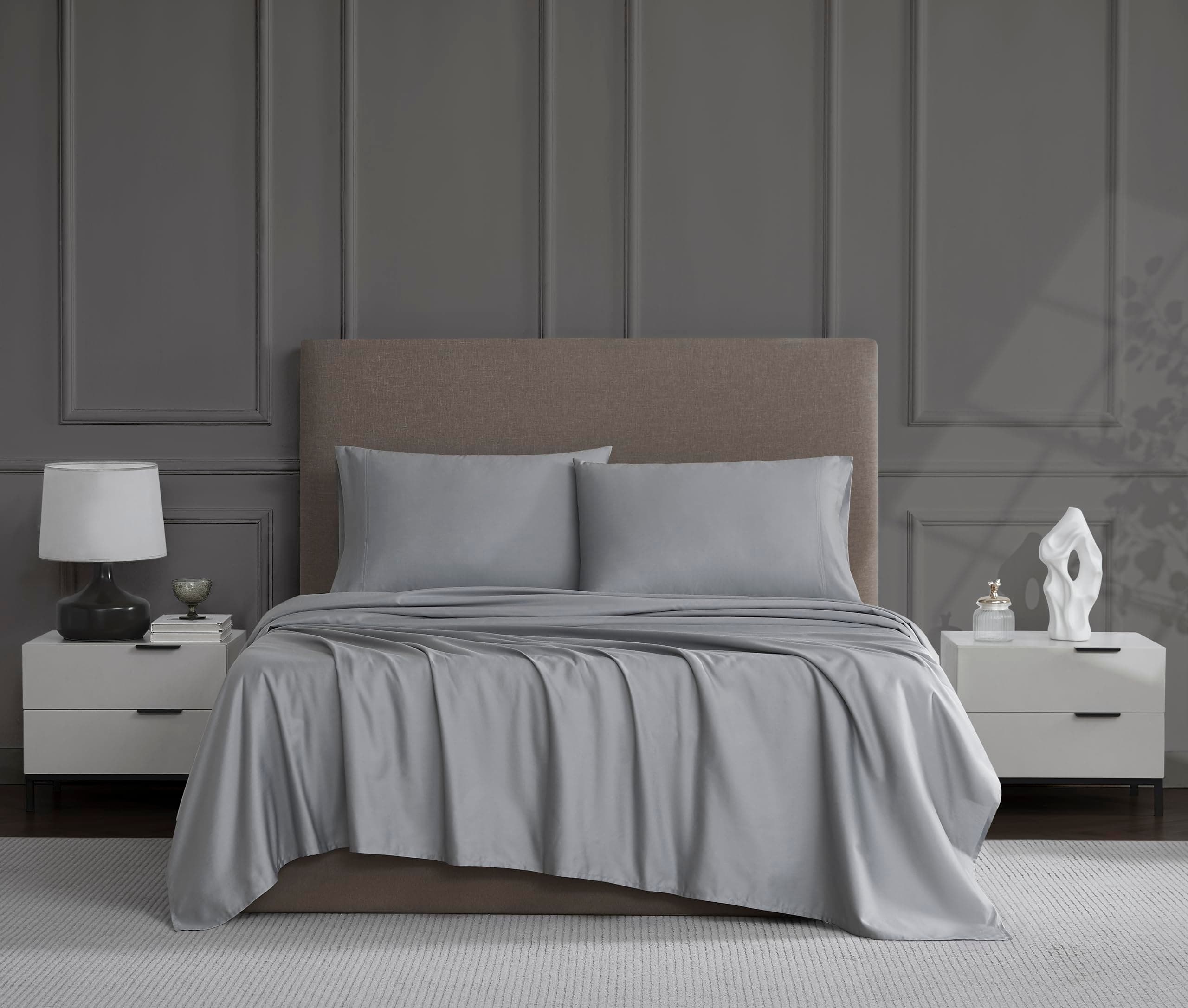 Queen Sheet Set – 4-Piece Cotton Blend, 1200 Thread Count Ultra Soft & Silky Sateen, Moisture Wicking, Wrinkle Resistant, Quick Dry, Deep Pocket up to 18", Durable & Easy Care, Light Gray