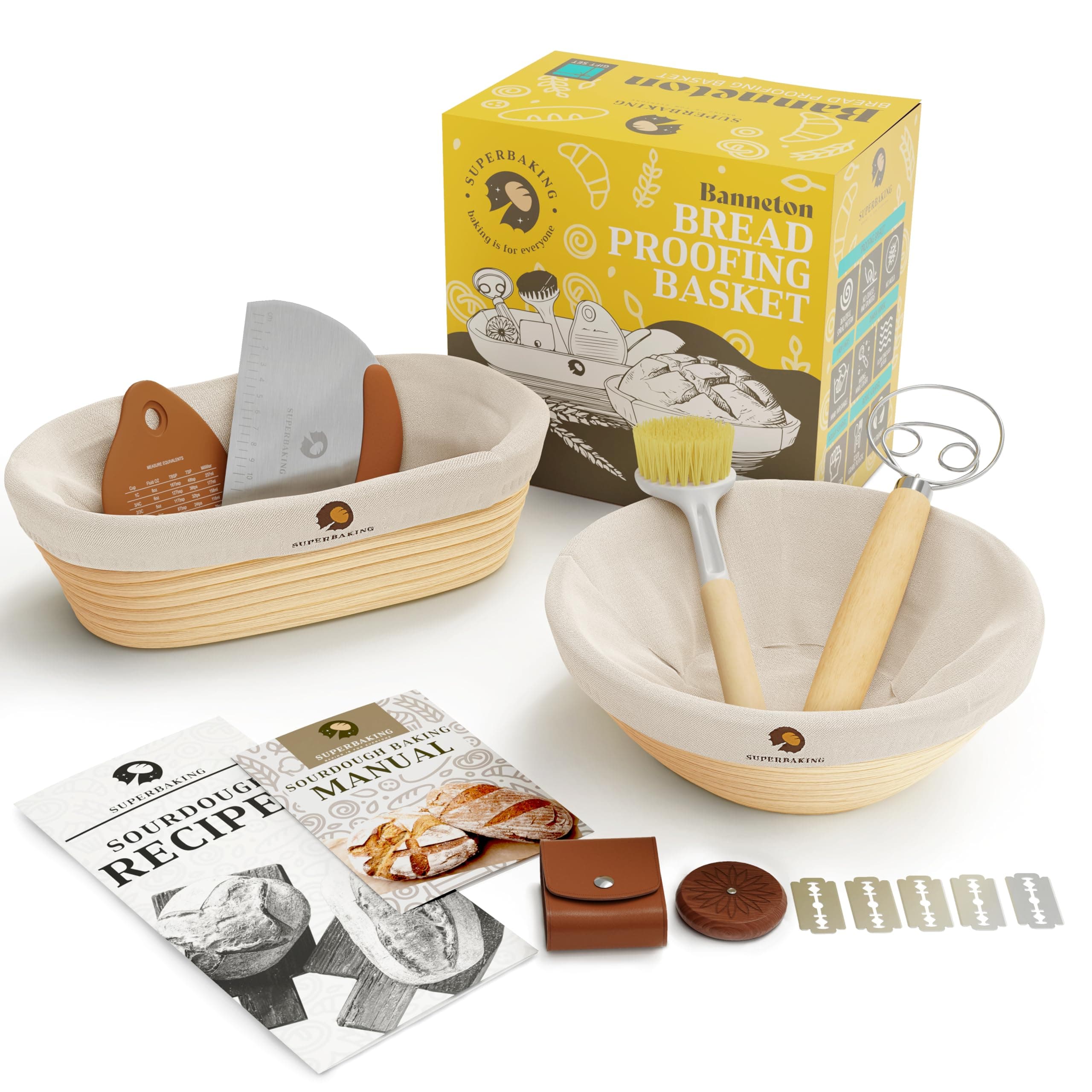 Superbaking Sourdough Proofing Basket Gift Set, Round 9" & Oval 10" Banneton, Sourdough Starter Kit, Sourdough Banneton Basket, Banneton Bread Proofing Basket Set of 2, Sourdough Bread Baking Supplies