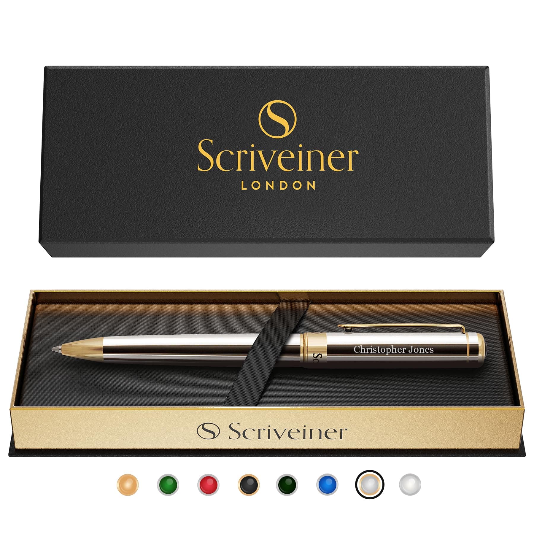 Scriveiner - Personalized Chrome Silver Ballpoint Pen - Exceptional Luxury Pen - Schmidt Ink Refill - Best Engraved Gift for Men and Women - Personalized Name Engraving