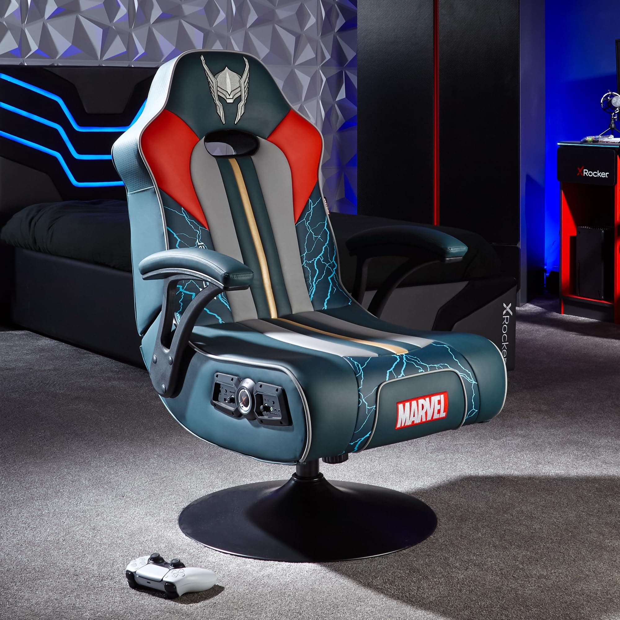 X-Rocker Marvel Thor 2.1 Pedestal, Stereo Audio Gaming Chair - Bluetooth Connectivity, Reactive Vibration, Foldable Base, Wipe-Clean Faux Leather for Kids & Teens - Blue - Licensed