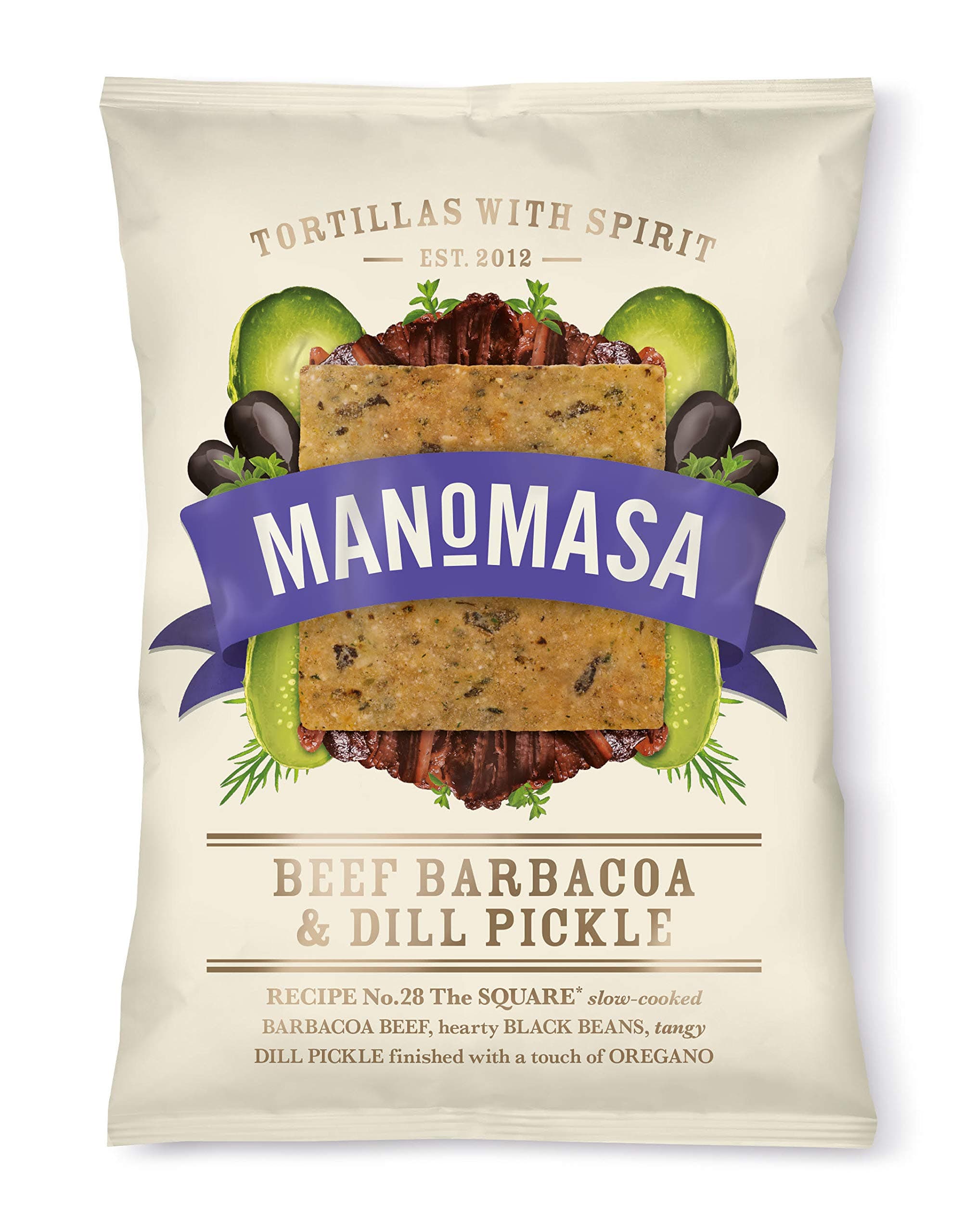 Manomasa Beef Barbacoa & Dill Pickle Tortilla Chips 160g (Pack of 12)