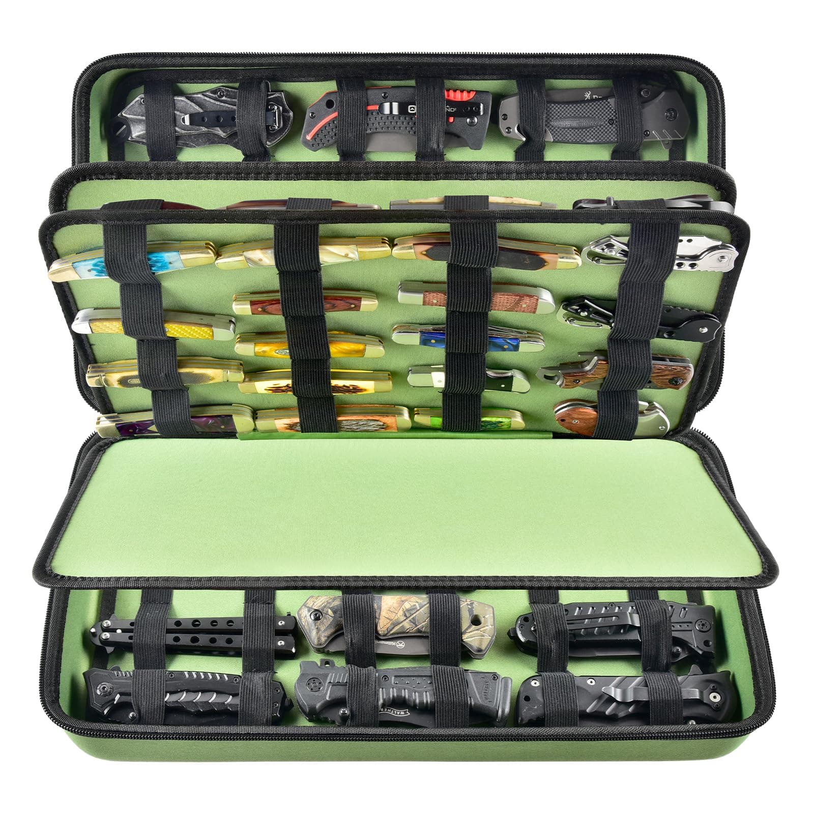 GWCASE Display Case for 66+ Pocket Knives. Folding Holder, Butterfly Storage Organizer, Roll Collection Pouch Carrier Bag for Survival Tactical Outdoor for EDC Mini Knife -Green
