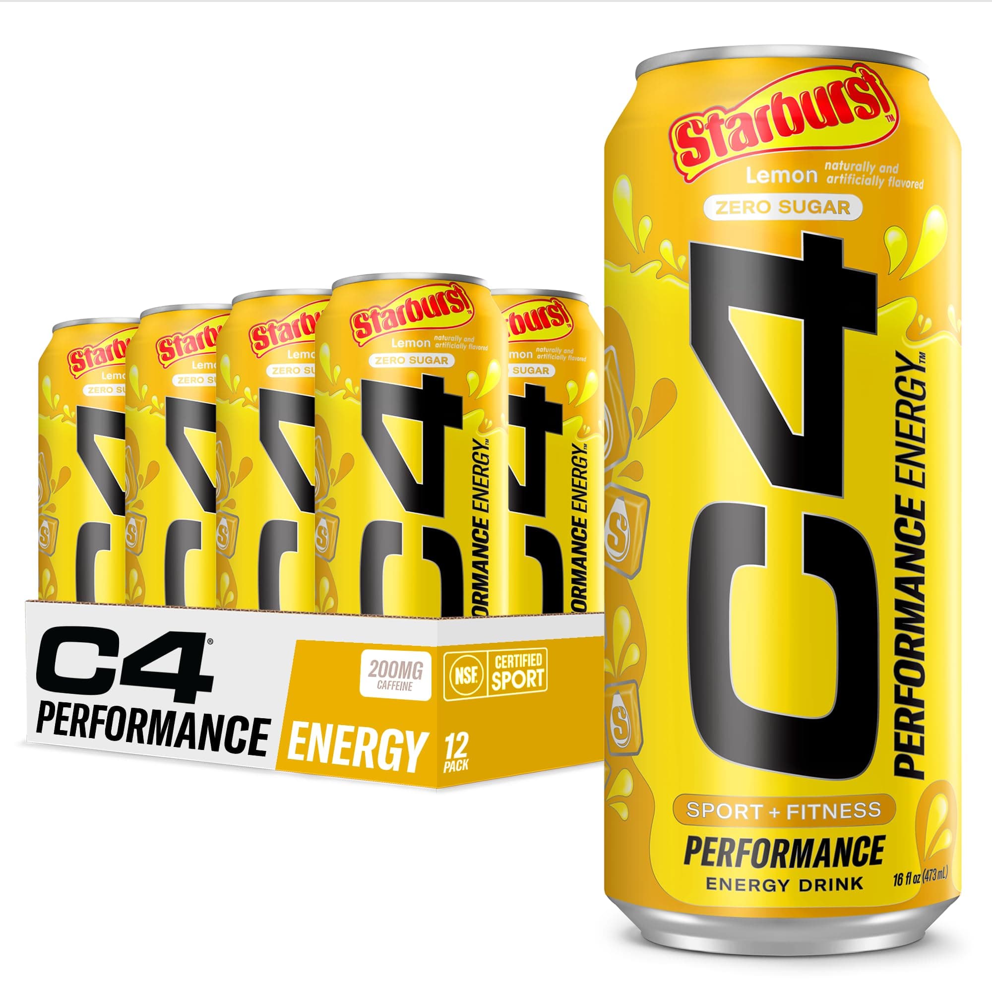 C4 Performance Energy Drink | STARBURST Lemon | Zero Sugar Carbonated Preworkout Energy | 200mg Caffeine with Beta Alanine | 16 Fl Oz (12 Pack)