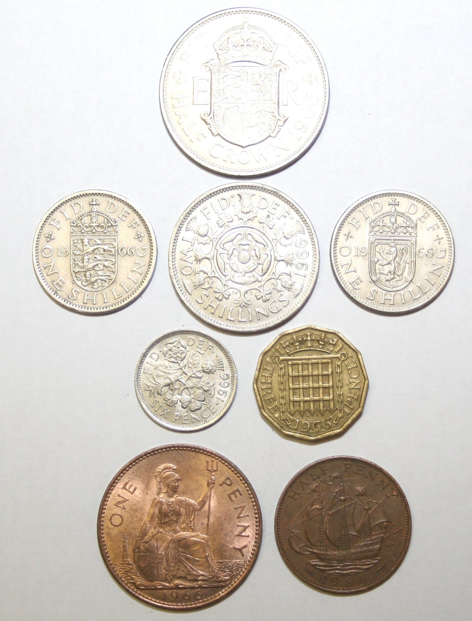 Royal Mint 1966 Complete Circulating British Coin Year Set, Very Fine, Uncertified, 8 Coins in Individual Clear Envelopes