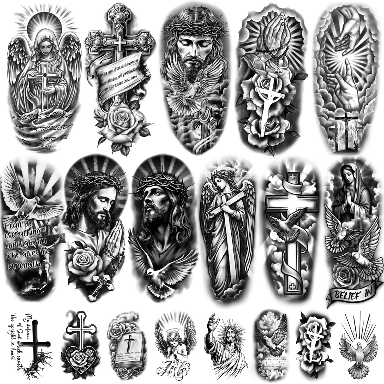 77 Sheets Christian Temporary Tattoo for Women Men, 17 Sheet Half Arm Religious Cross Jesus God Angels Fake Tattoos for Adult Arm Chest, 60 Sheet Christ Tiny Realistic Tattoos Stickers for Kids