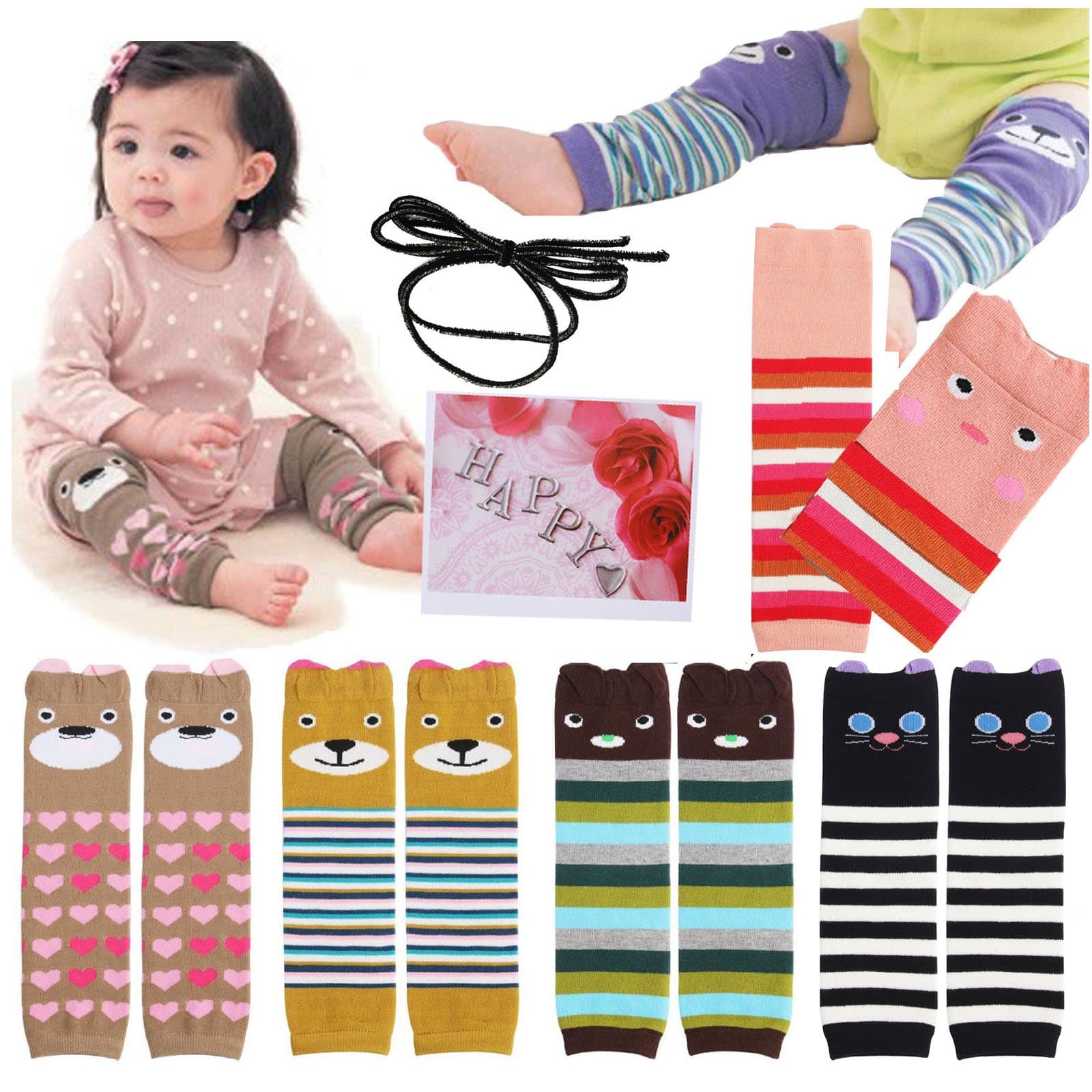 6pairs Combed Cotton Cartoon Bear Infant Toddler Leg Sleeve Warmers Socks Protector Warmer For Baby Knee Pads + Gift Card + Hair rope
