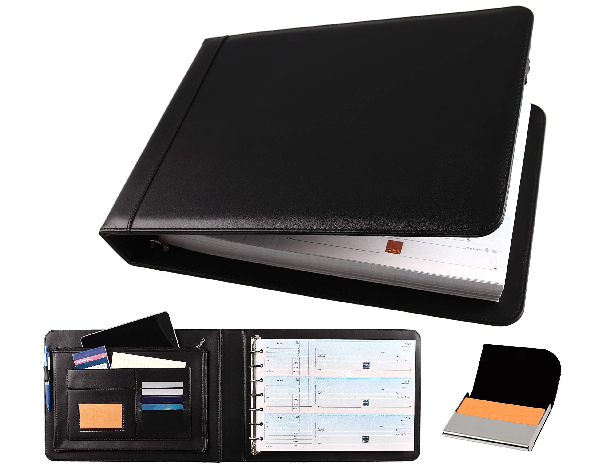 2Fold Business Check Binder 7 Ring for 3-Up Business Size Checks with Extra Business Card Case - PU Leather Deluxe 7 Ring Checkbook Binder Portfolio with 600 Check Capacity and Storage