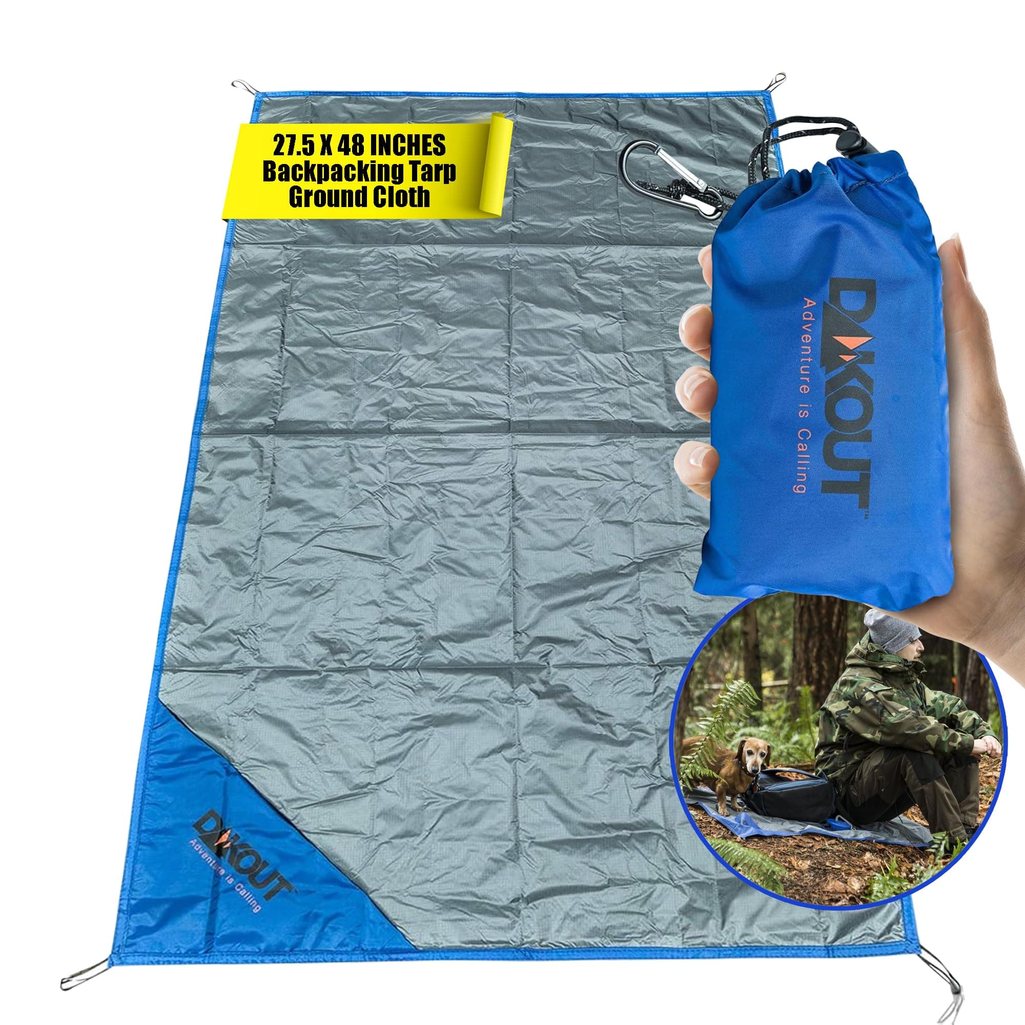 Ultralight Backpacking Tarp Ground Cloth 2.7 oz Waterproof Mini Pocket Blanket 27.5 x 48 Inches Compact Packable Groundsheet Hiking Gear for Two Pouch and Carabiner by DAKOUT Gear