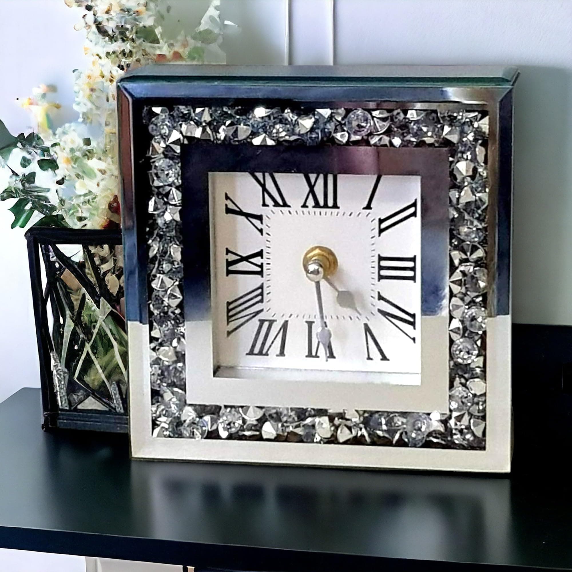 SERENA'S ® Elegant Square Crushed Diamante Mantle Clock with Roman Numerals – Mirrored Glass Design for Stylish Desk or Table Décor – Perfect for Home or Office – 15cm x 15cm