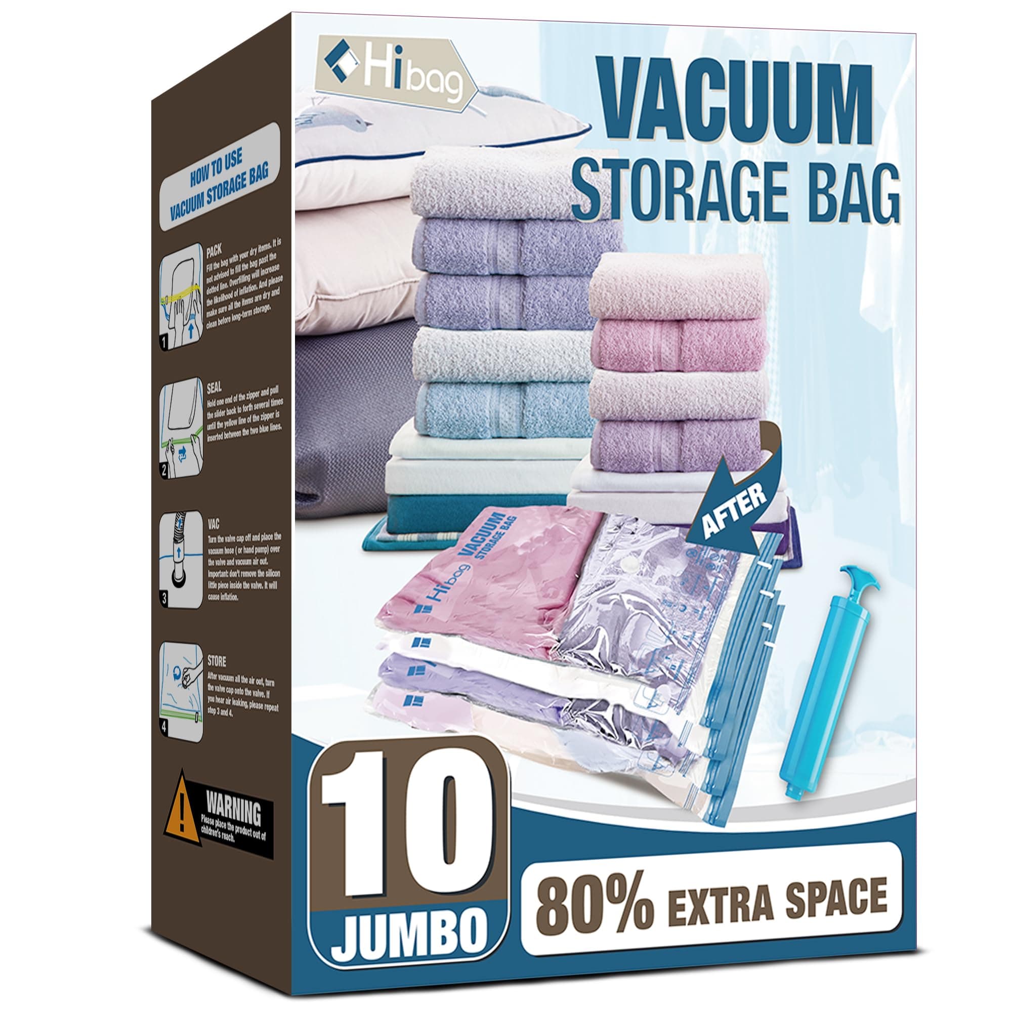 HIBAG Vacuum Storage Seal Bags, 10 Jumbo Space Saver Vacuum Sealer Bags for Clothes, Comforters, Blankets, Bedding (10J)