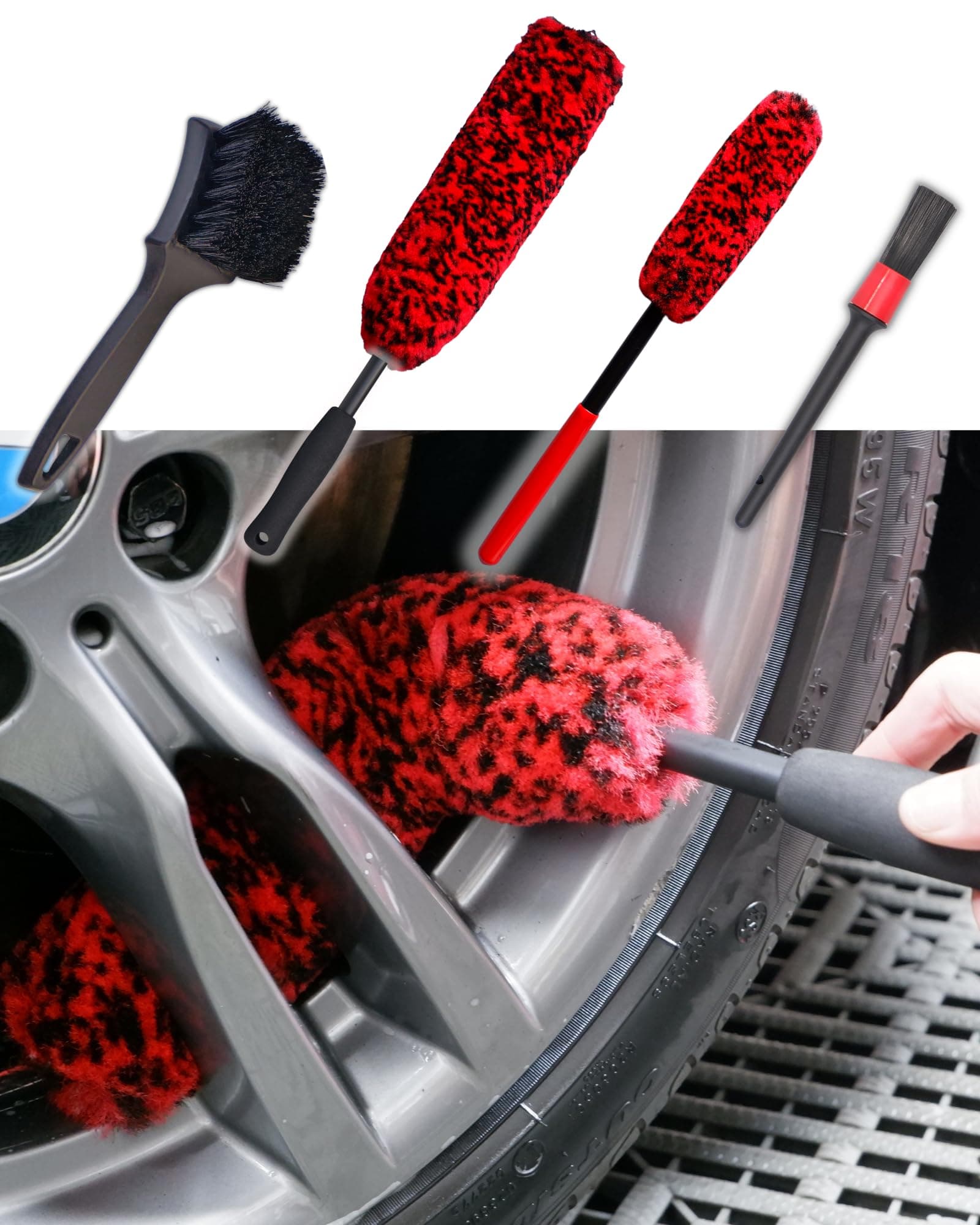 Byttme Wheel Brush Set for Cleaning Wheels (4 Pack)- Synthetic Soft Wheel Woolies Brush, Car Detailing Brushes and Stiff Tire Brush, Flexible& Durable Wheel Rim Cleaner Brush Kit for Car Tire and Rim