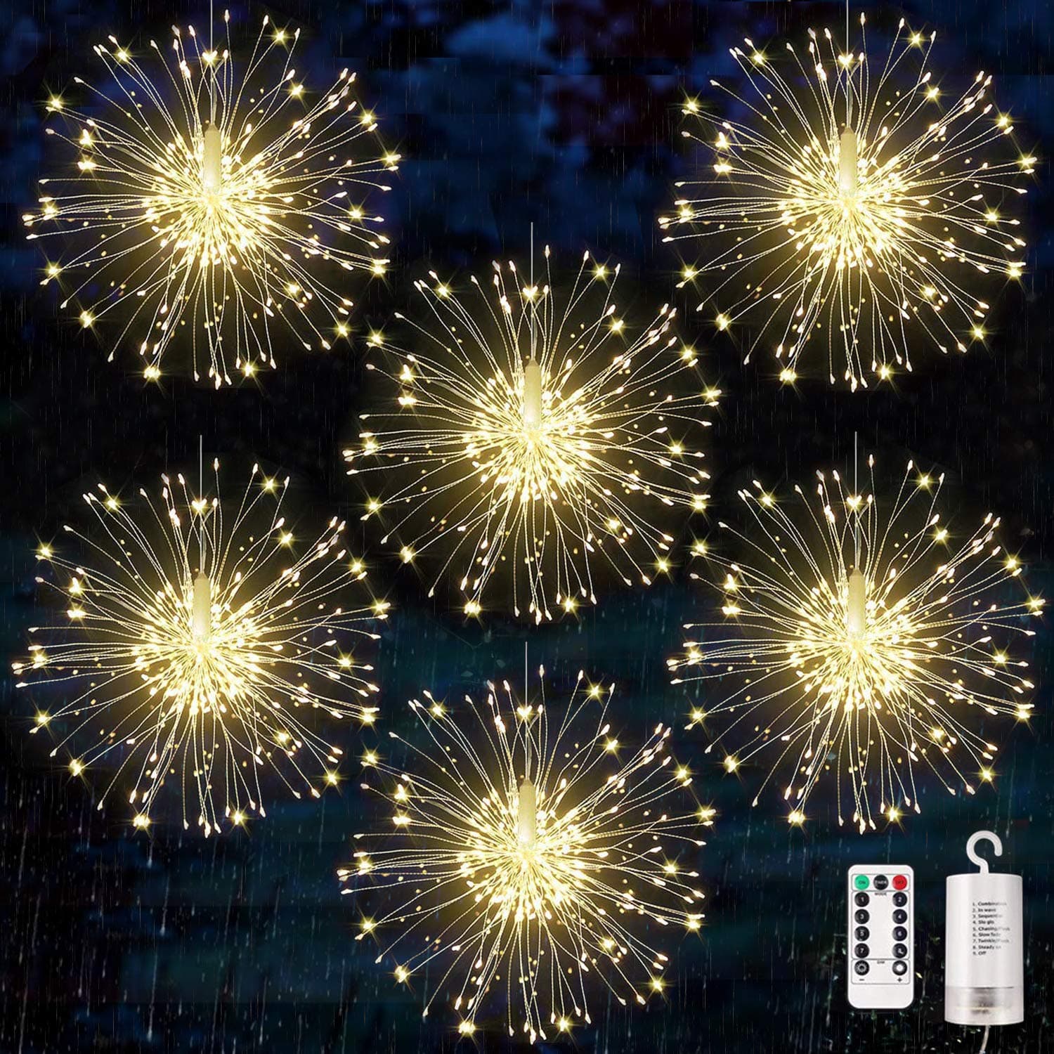 6 pack Firework Lights, Starburst Lights LED Copper Wire Fireworks Lights Fairy Lights Christmas Fireworks Hanging Dimmable String 8 Modes Waterproof with Remote Control for Christmas Wedding Garden