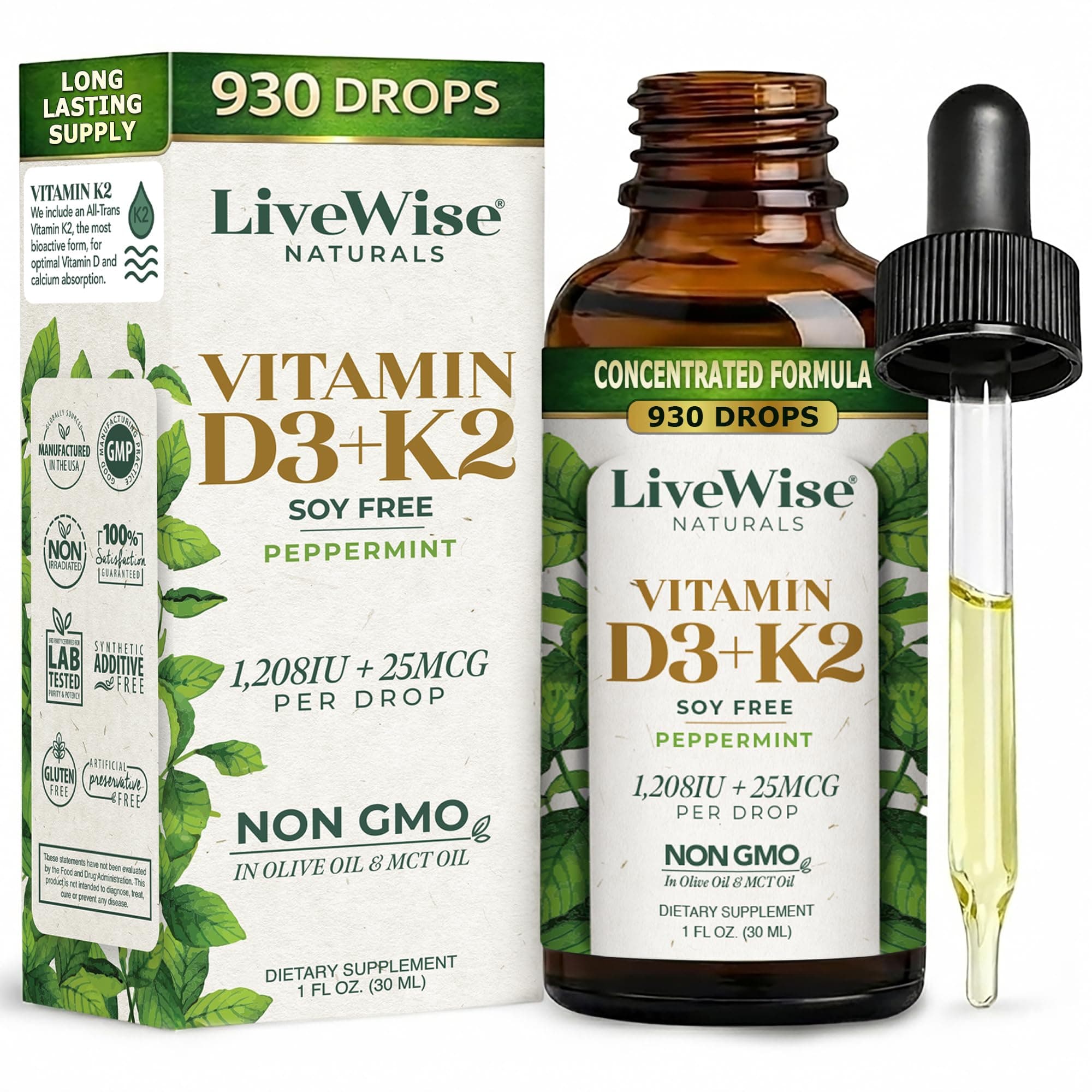 Vitamin D3 with K2 Liquid Drops, All Non GMO, 1208IU D3 and 25mcg K2 (MK7) Per Serving, Strengthen Bones, Boost Immune System and Energy Levels, with or without Peppermint Oil