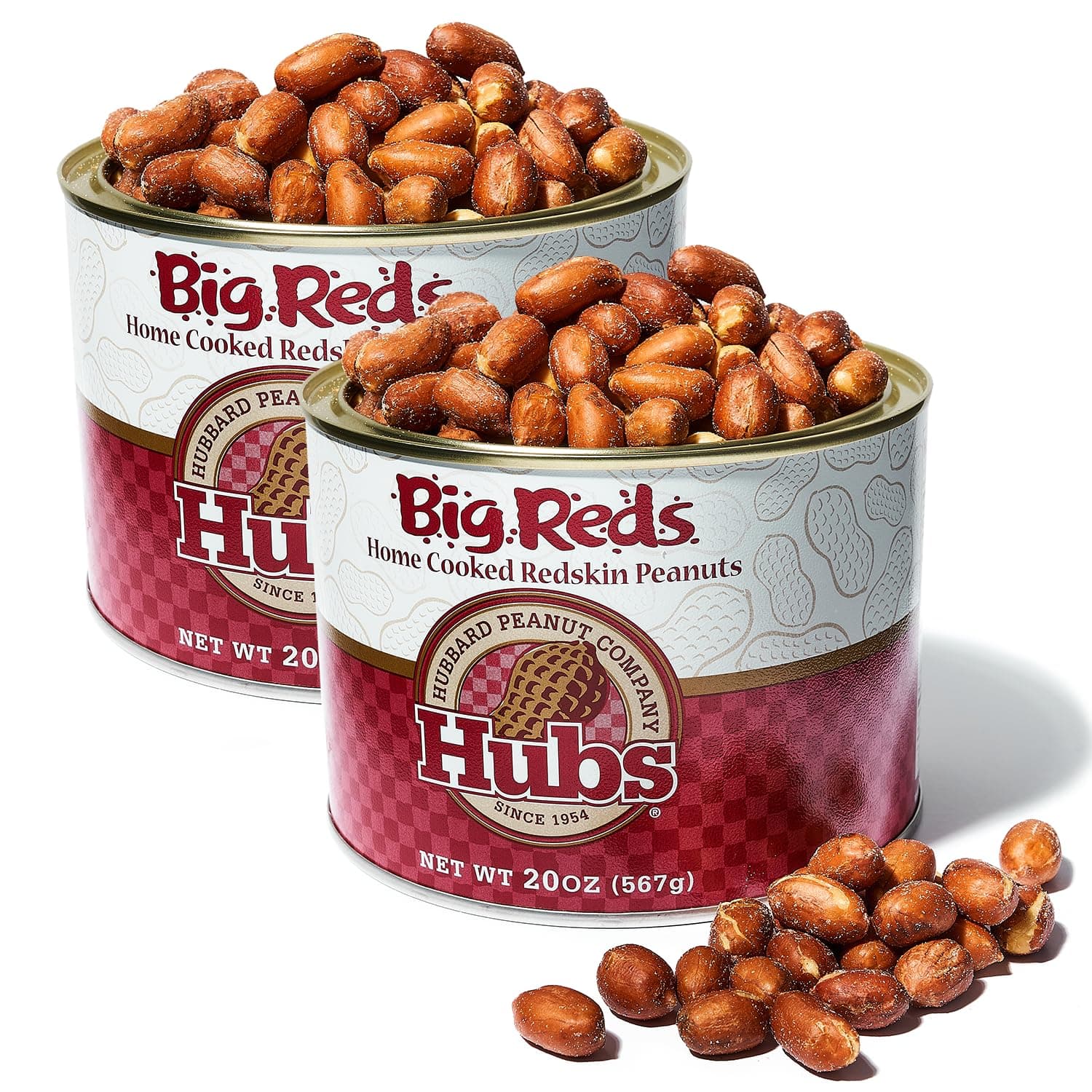Hubs Peanuts Freshly Home Cooked Big Reds - Premium Virginia Nuts with Red Skins - Healthy Snacks Salted Peanuts - Reusable Vacuum-Sealed Tin, 2 Packs of 20 oz Cans