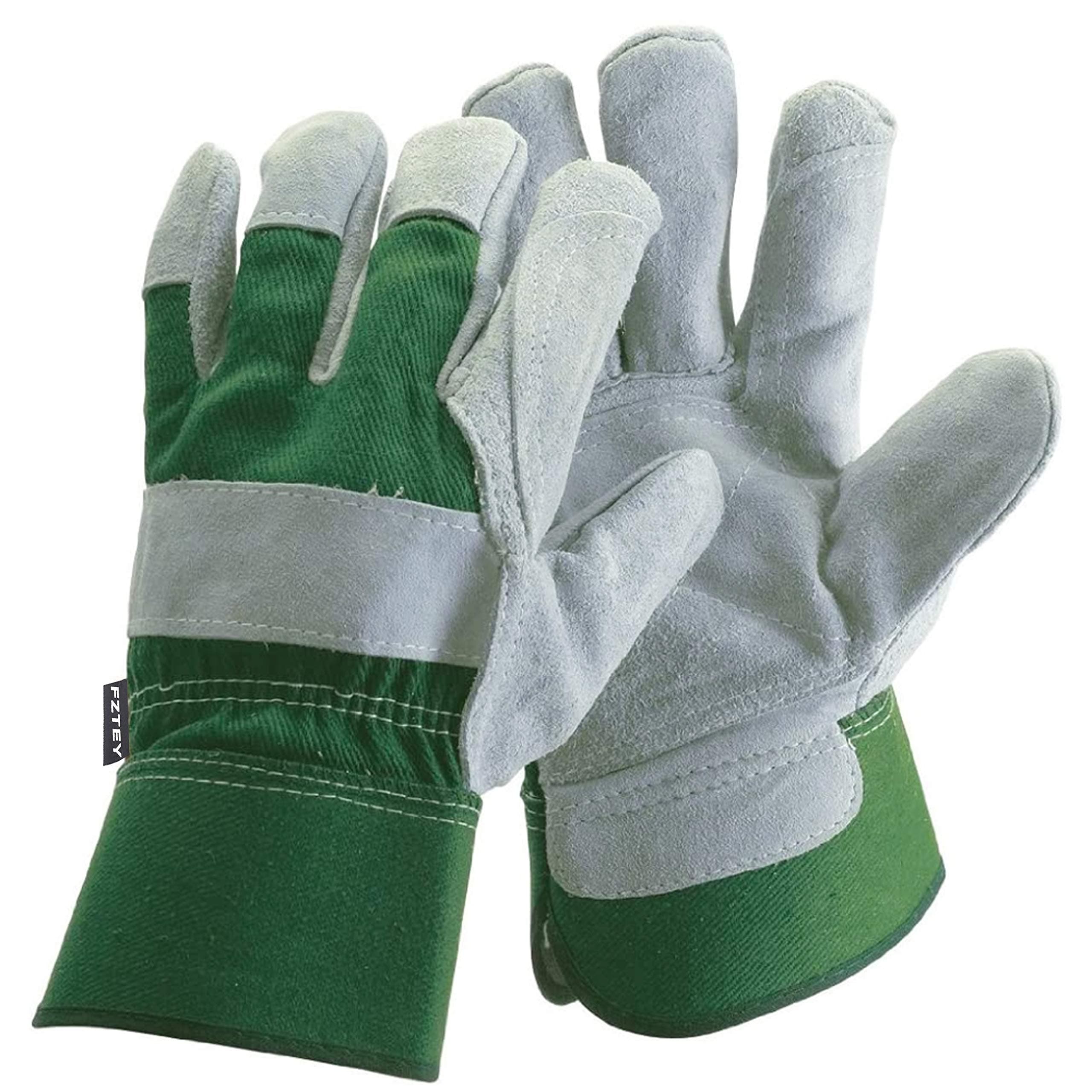 Thick Gardening Work Gauntlets, Reinforced Leather Heavy duty Cut Knife Thermal Gloves For Men and Women Lady Gift, Safety Protective Rigger Washable Gripper (L, Green, 1 Pairs)