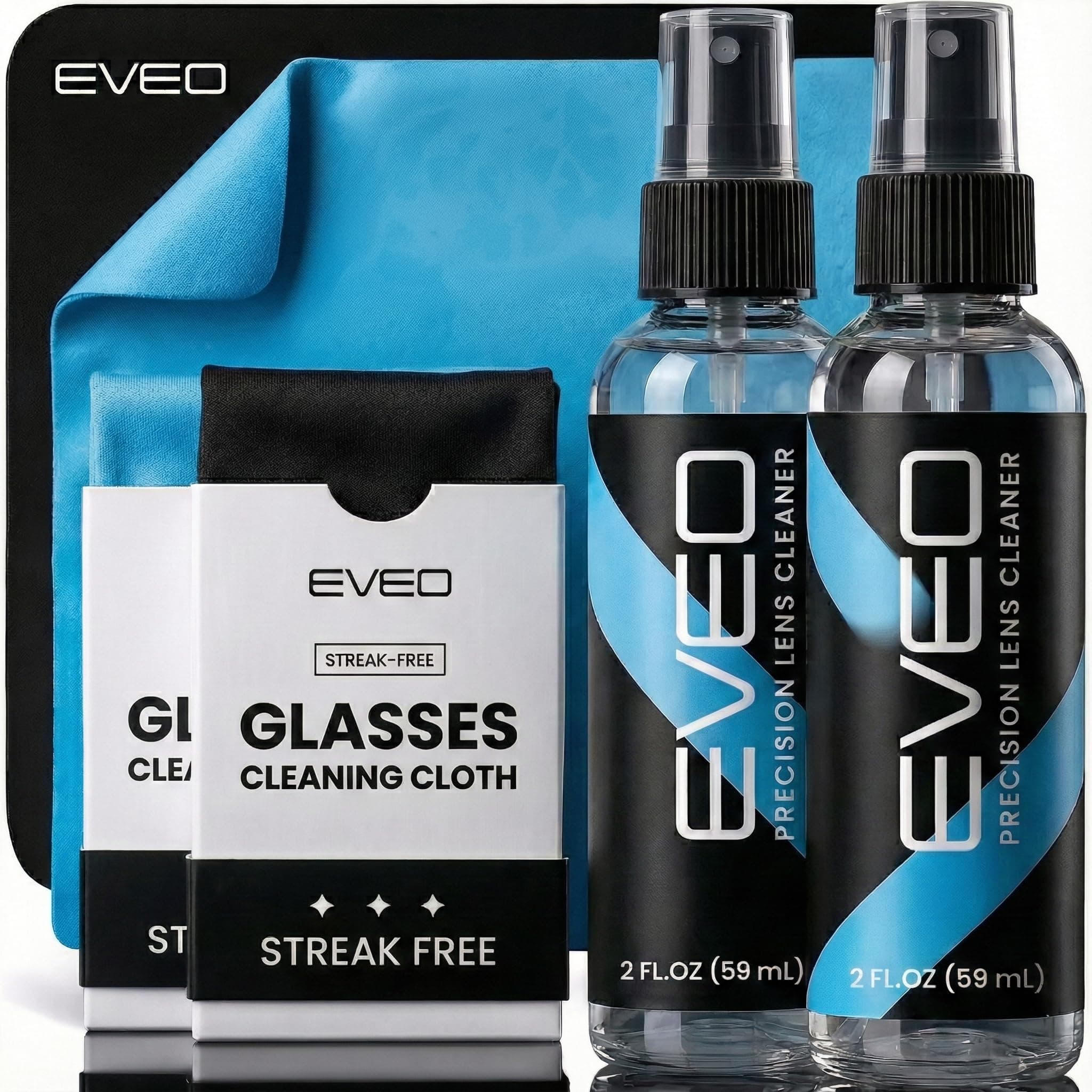 EVEO Eyeglass Cleaner Spray - Glasses Cleaner No Streaks Technology & Microfiber Cleaning Cloth - Glasses Cleaning Kit, Eye Glass Cleaners Spray Lens Cleaner - Screen & Eye Glasses Kit - 2 Pack