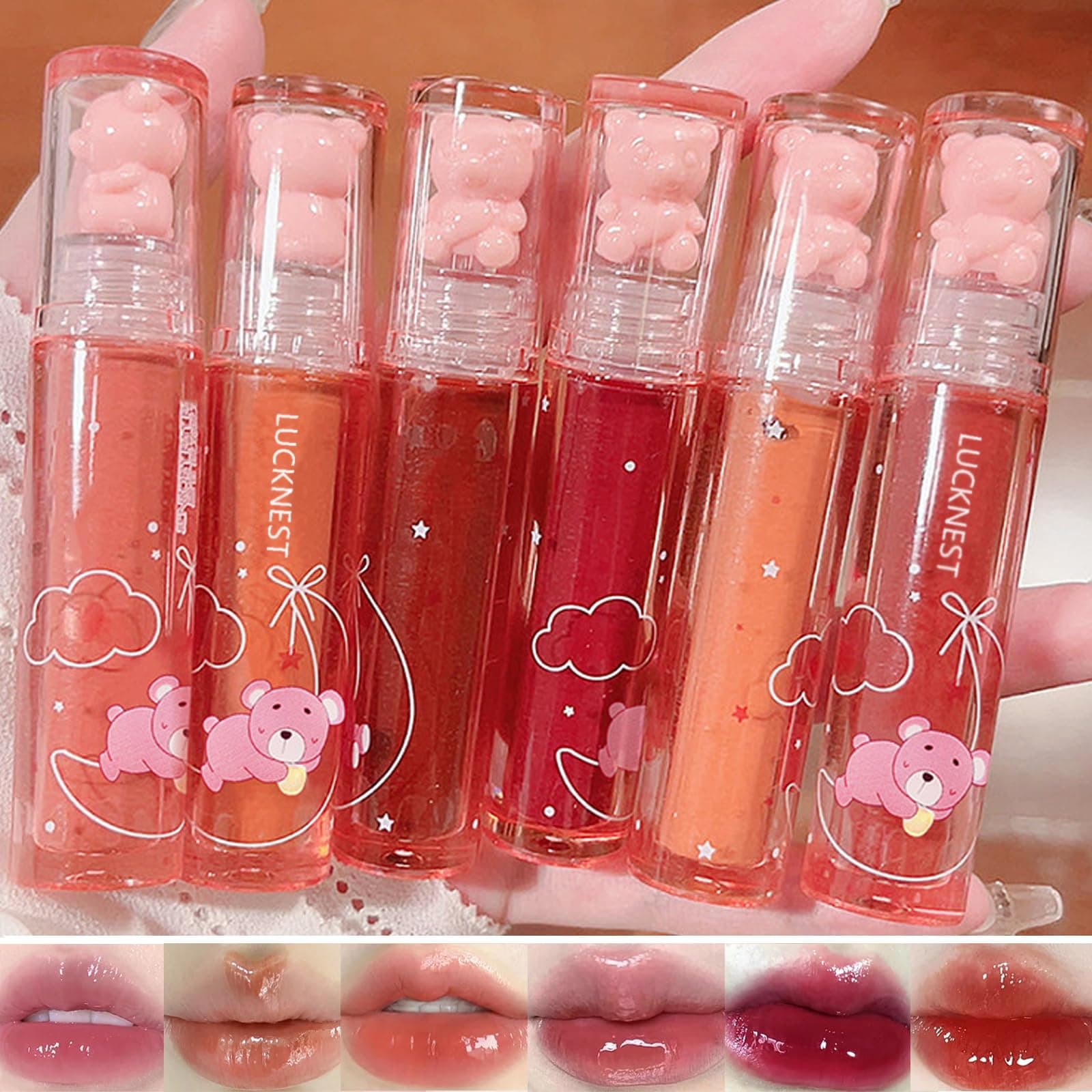 Bear Lip Glaze Liquid Lipstick Cute Bear Lip Gloss Moisturising Lip Stain Plumping Water Lip Gloss Waterproof Long Lasting Cheek Rouge Tint Cosmetics Pack of 6