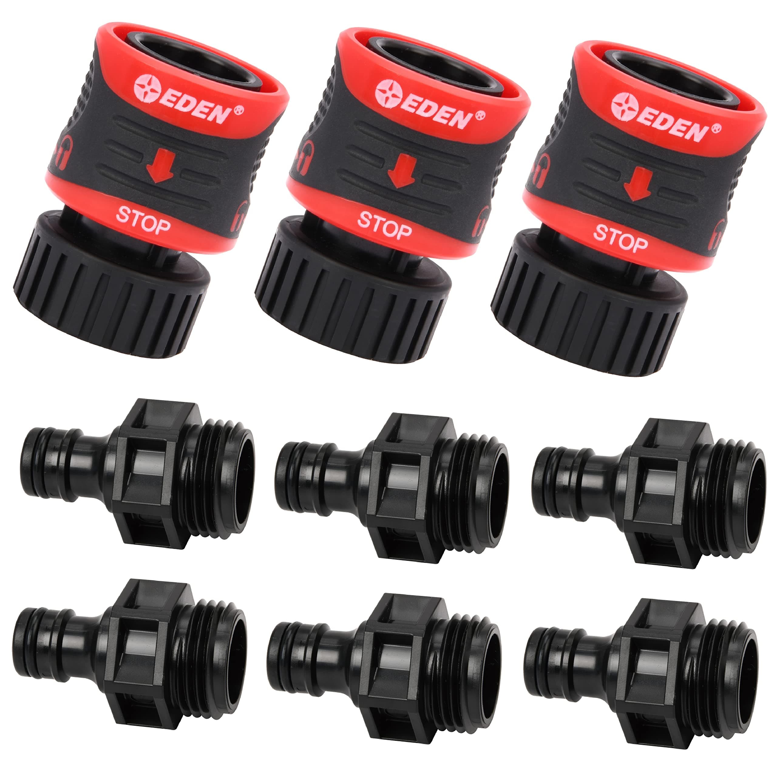 Eden99909 Premium Quick Connect Starter Kits W/Water Stop & Lock Feature, Fits Standard Garden Hoses, (3 Sets/ 9 Pc)