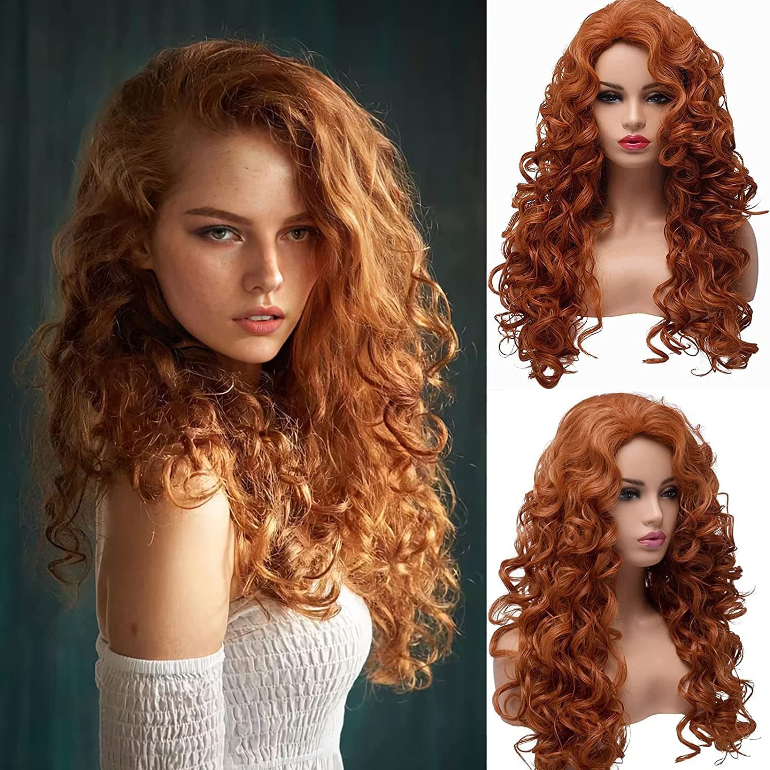 BESTUNG Long Hair Curly Copper Curly wigs Full Head Halloween Red Wigs for Women Cosplay Costume Party Hairpiece (Copper Red)