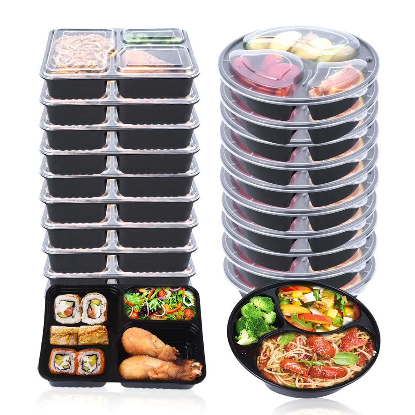Reusable Meal Prep Containers set of 20 Pcs - 1000ml Lunch Box with 3 Compartment and Lids, 10pcs Rectangular and 10pcs Round Meal Prep Boxes, BPA Free, Microwaveable safe, Not Dishwasher Wash