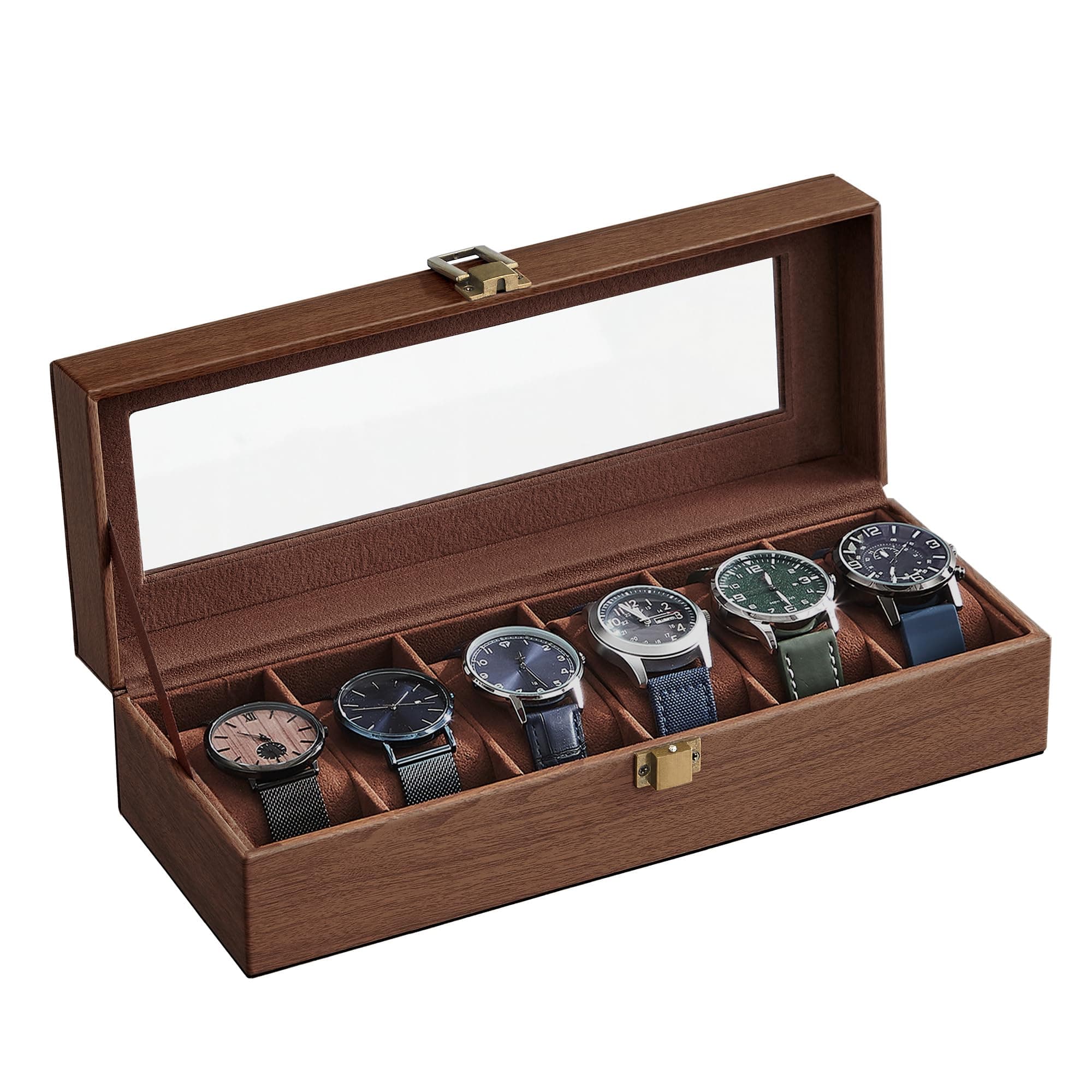 SONGMICS Watch Box with 6 Slots, Watch Box, Glass Lid, Removable Pads, Metal Lock, Brown Coating and Brown Lining JWB006K01