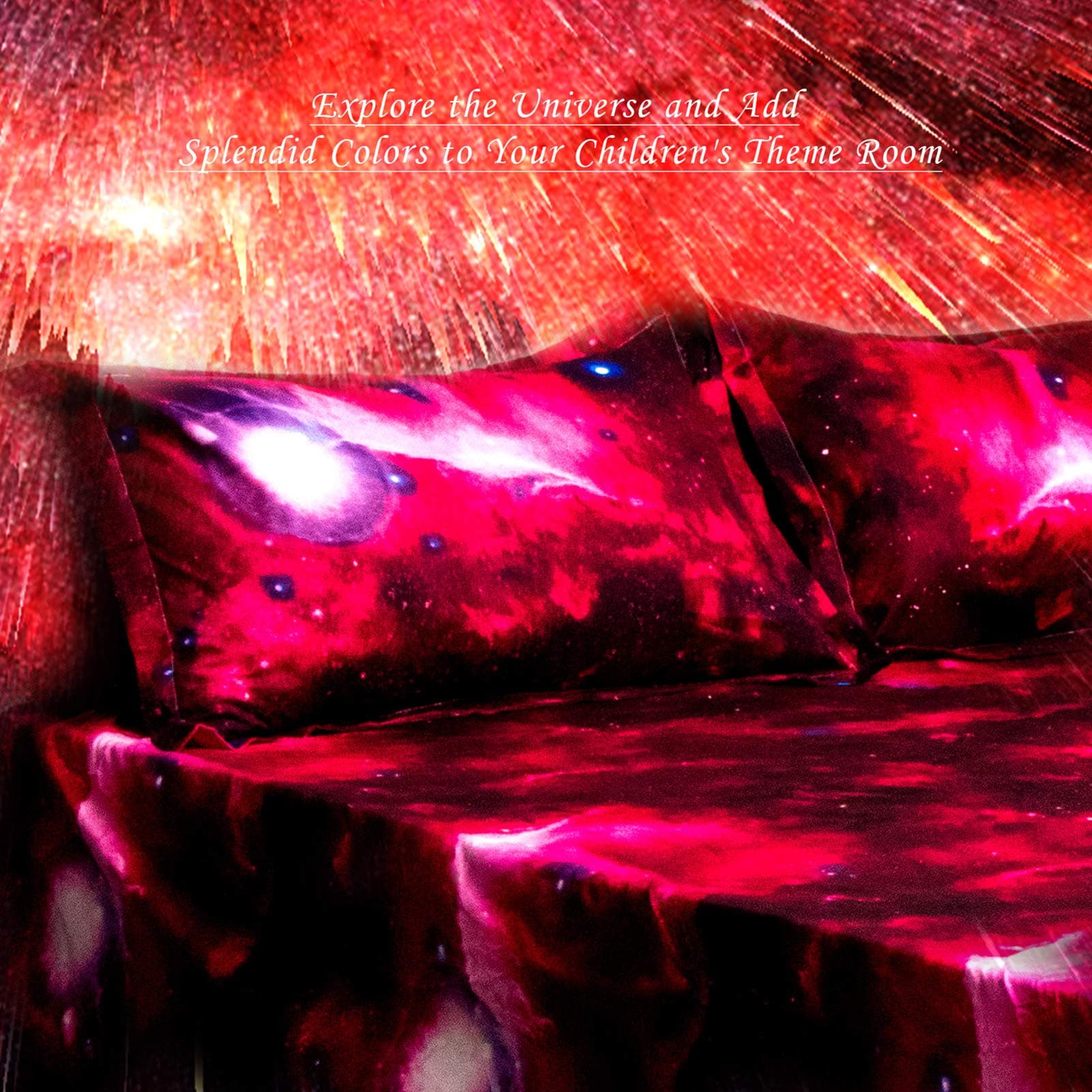 BedlifesGalaxy Sheets Outer Space Sheet Set Galaxy Themed Sheets 3 pcs Flat Sheet& Fitted Sheets with 1 Pillowcases(Red Twin)