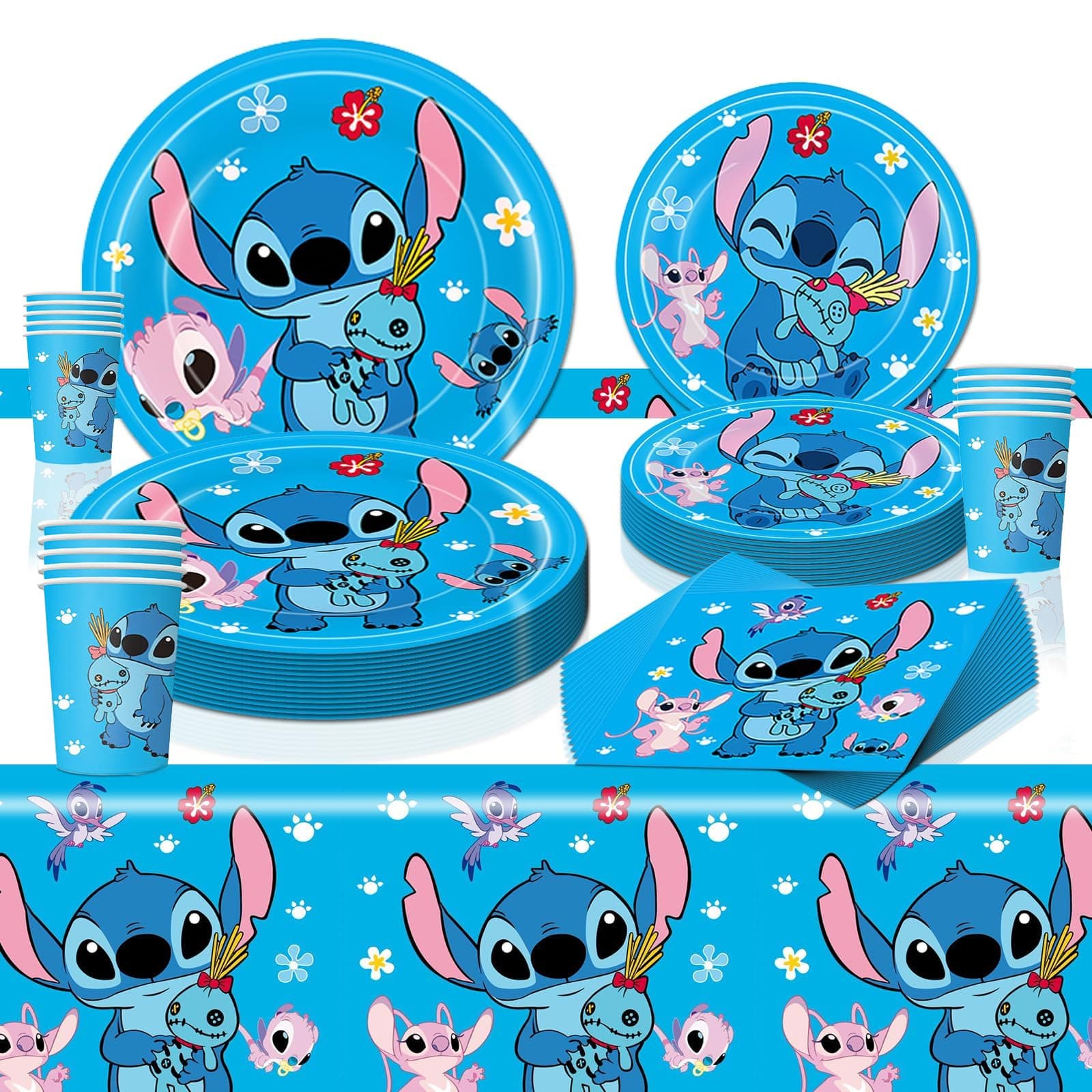 69Pcs Stich Paper Party Tableware Set,Stich and His Amazing Friends Plates Paper Cups Napkins Serviettes Stich Themed Table Cloth for Kids Girls Boys Birthday Party Table Decor