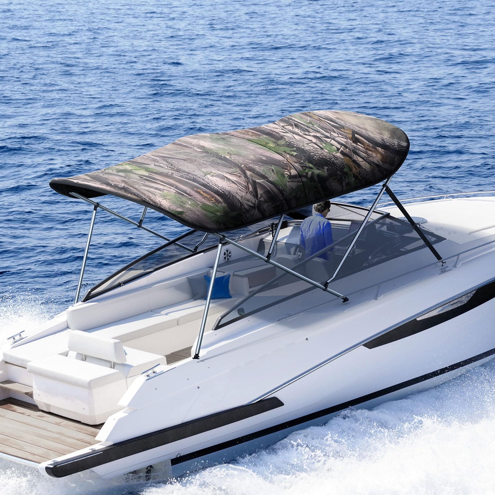 KING BIRD 3-4 Bow Bimini Top Cover Sun Shade Boat Canopy Waterproof 1 Inch Stainless Aluminum Frame 54" Height with Rear Support Poles and Storage Boot 5 Colors 5 Sizes(camouflage, 91"-96"