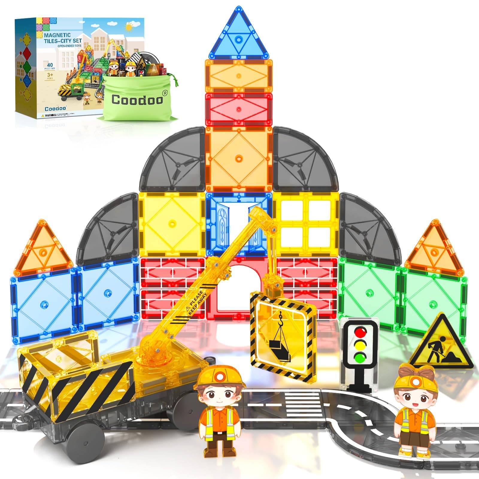 Coodoo Kids Games Magnetic Tiles Road Set with Extendable Magnetic Crane, Cit...