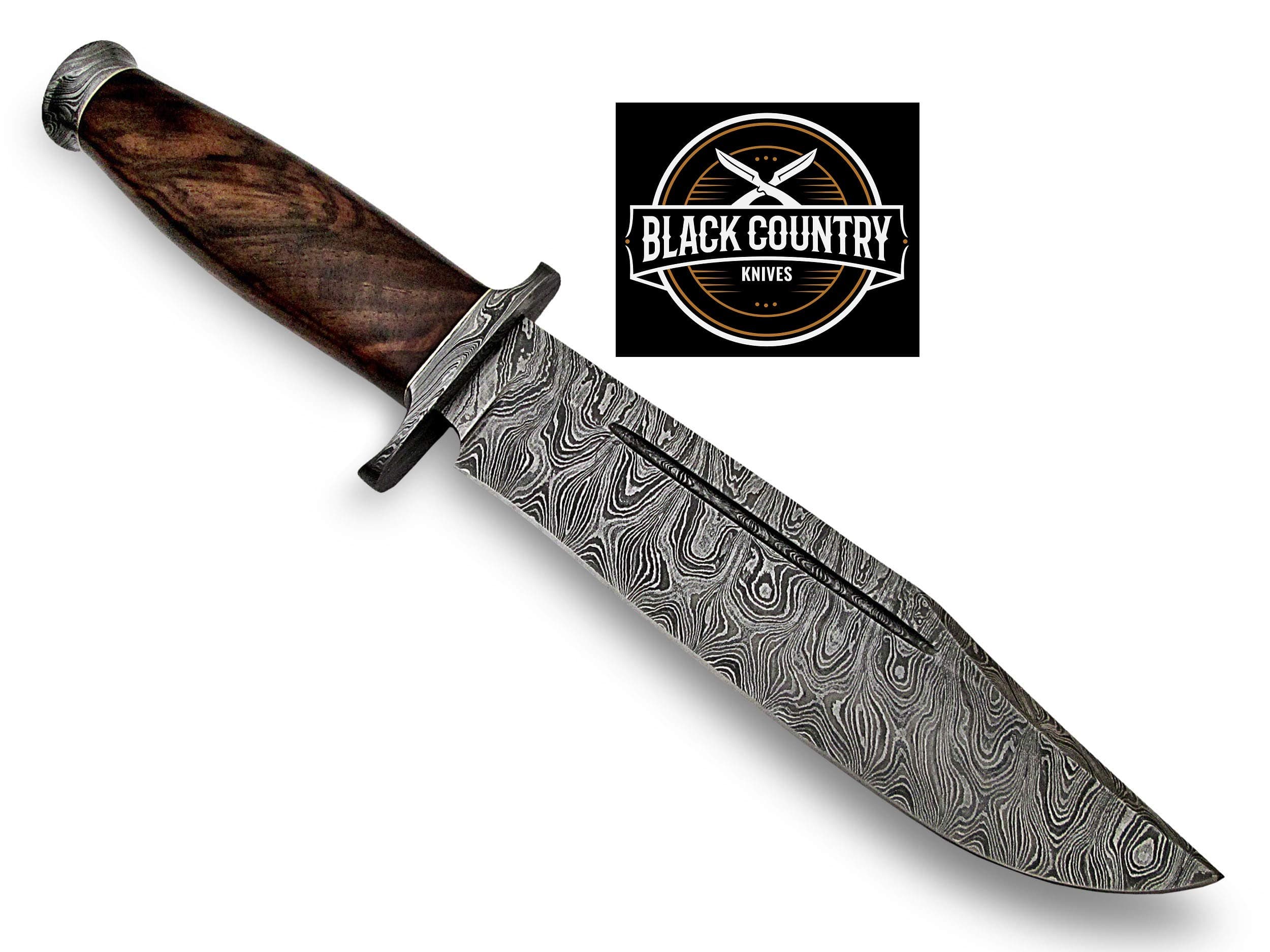 Black Country Handmade Damascus Hunting Knife-Walnut Wood Handle-13" Fixed Blade knife with Leather Sheath-Master Quality EDC Survival Knife-Camping Knife Ideal Gift for Men and Women