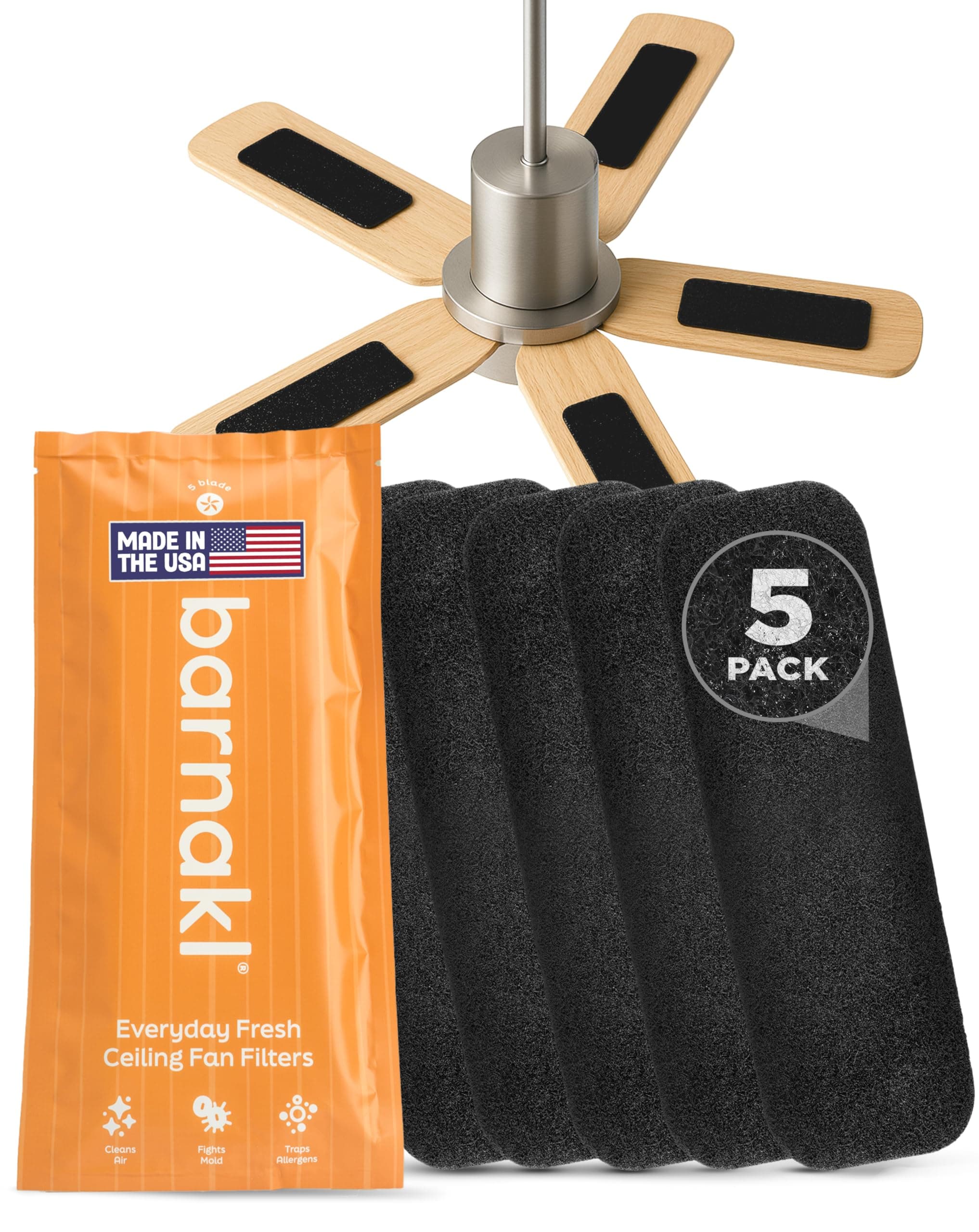 Barnakl Ceiling Fan Air Purifier Pads, Activated Coconut Shell Carbon Fan Filters Trap Dust, Odors & Allergens, Easy-Stick Universal Fit for Ceiling Fan Blades, Odorless & Unscented - (5 Count)