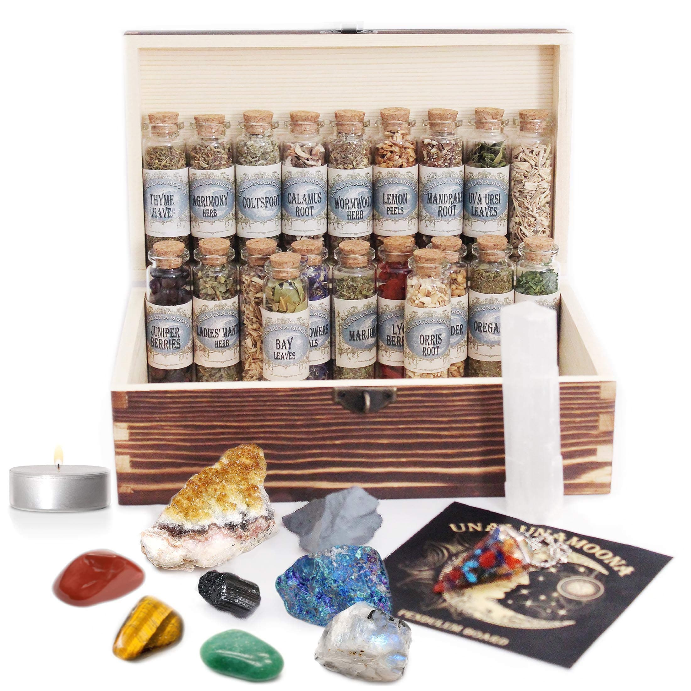 UnaLunaMoona Witchcraft Kit | Large Herbs & Crystals for Witchcraft | Wicca Kit with 20 Herbs & 8 Crystals | Witch Altar Supplies | Adults