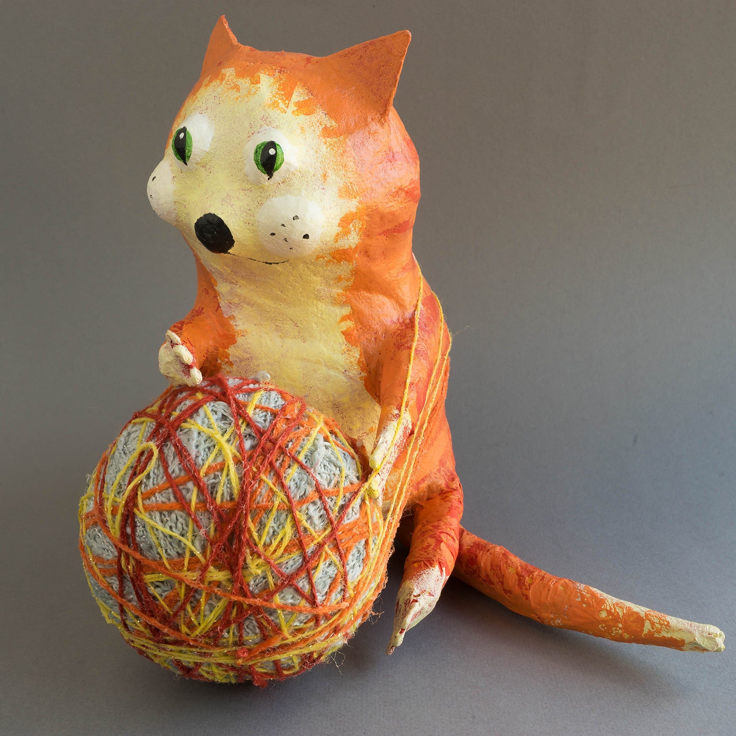 Fat Cat with A Ball, OOAK Handmade Art Doll, Papier Mache Sculpture, Home Décor, Unique Original 3D Artwork
