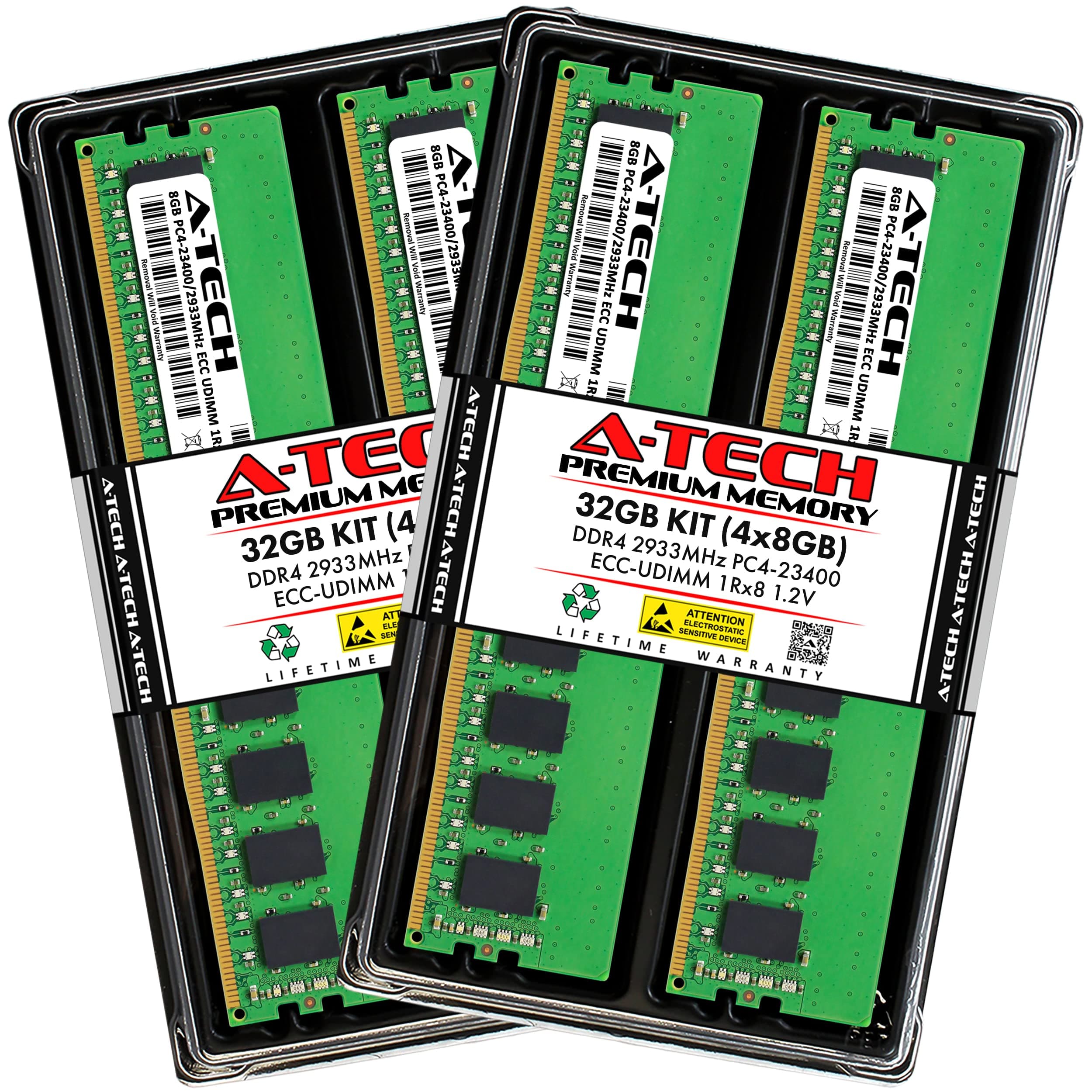 A-Tech Server 32GB Kit (4x8GB) DDR4 2933MHz PC4-23400 ECC UDIMM 1Rx8 Single Rank 1.2V ECC Unbuffered DIMM 288-Pin Server & Workstation RAM Memory Upgrade Modules (A-Tech Enterprise Series)
