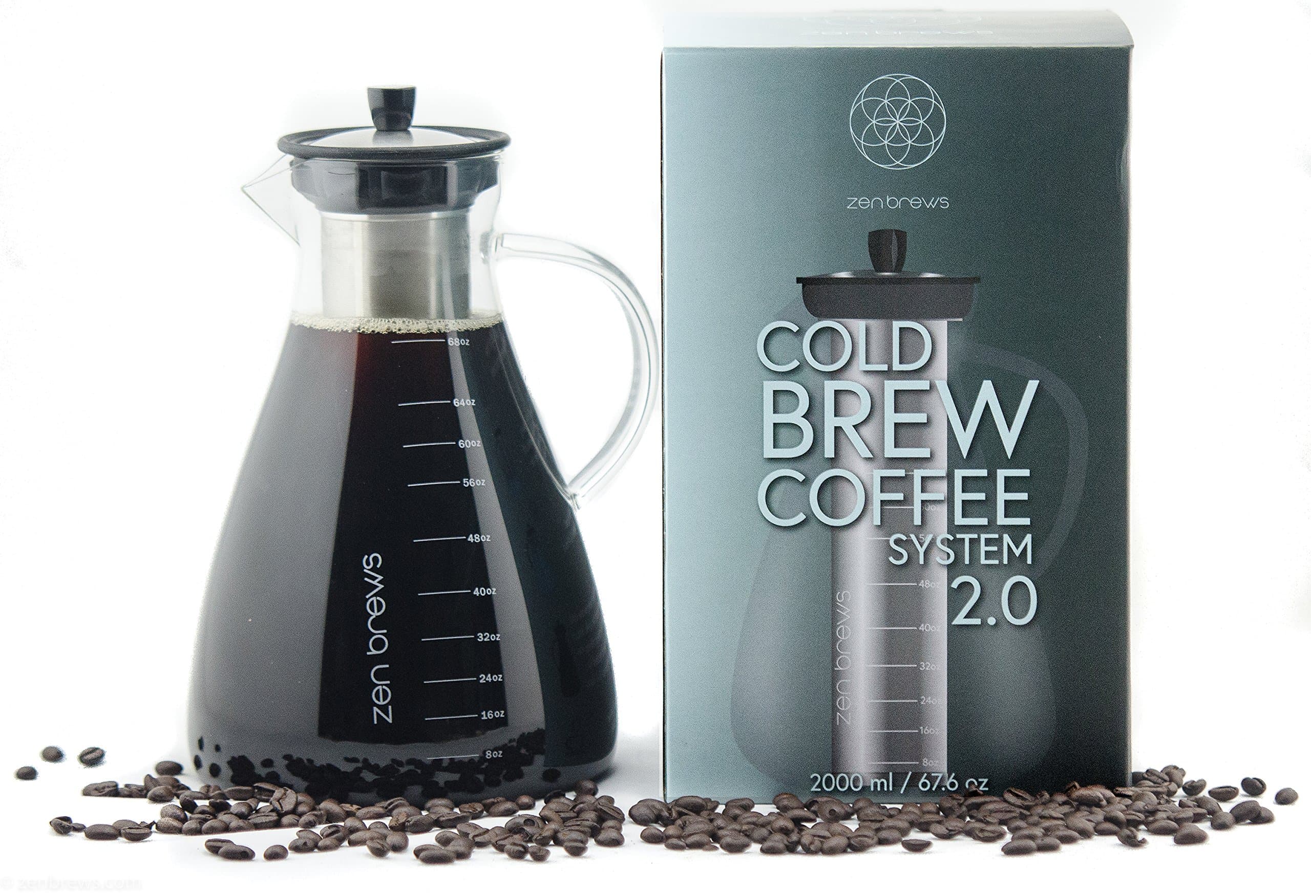 2.0 Extra Large Cold Brew Coffee System | Elegant 2 Liter (68oz) Glass Carafe with Super Fine Stainless Steel Filter Basket | Make Cold Brew Coffee at Home | 40 Recipe e-book