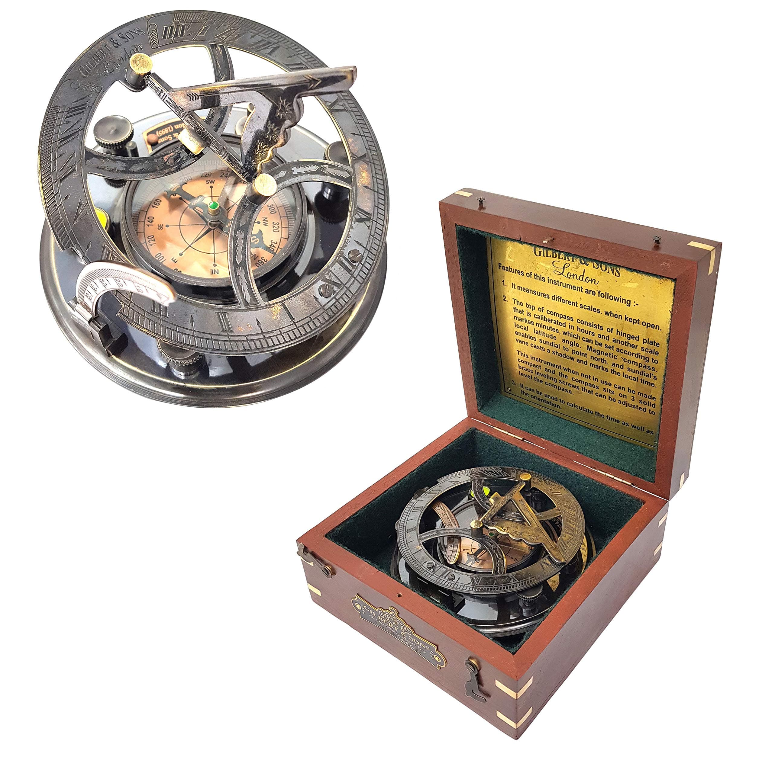- Brass Nautical - 5 inches Large Sundial Compass in Rosewood Case Top Grade Calibrated Vintage Gift