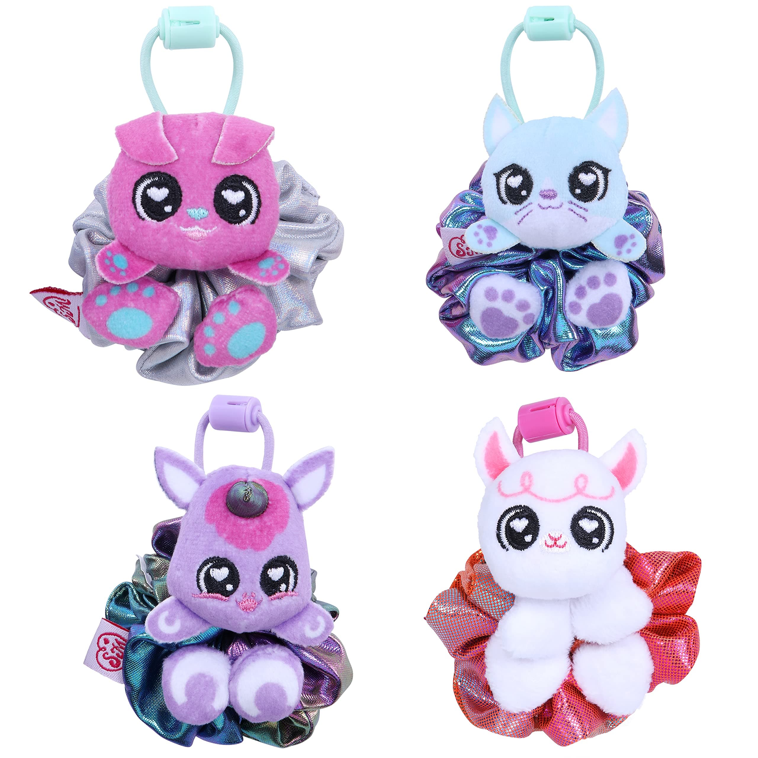 ScrunchMiez Four Pack, Exclusive scrunchies That Magically transforms from Hair Scrunchie to Cute Plush Friend as Well as Backpack Clip. So Many Characters to Collect & wear.