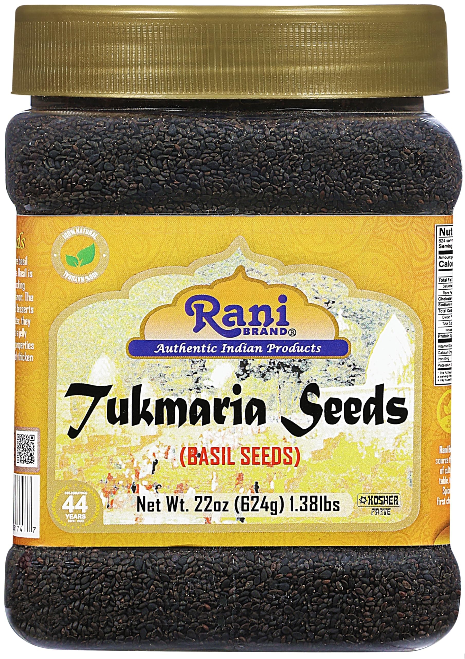 Rani Tukmaria (Natural Holy Basil Seeds) 1.38lbs (22oz) 624g PET Jar Used for Falooda / Sabja Dessert, Spice & Ayurveda Herbal ~ Gluten Friendly | NON-GMO | Kosher | Vegan | Indian Origin