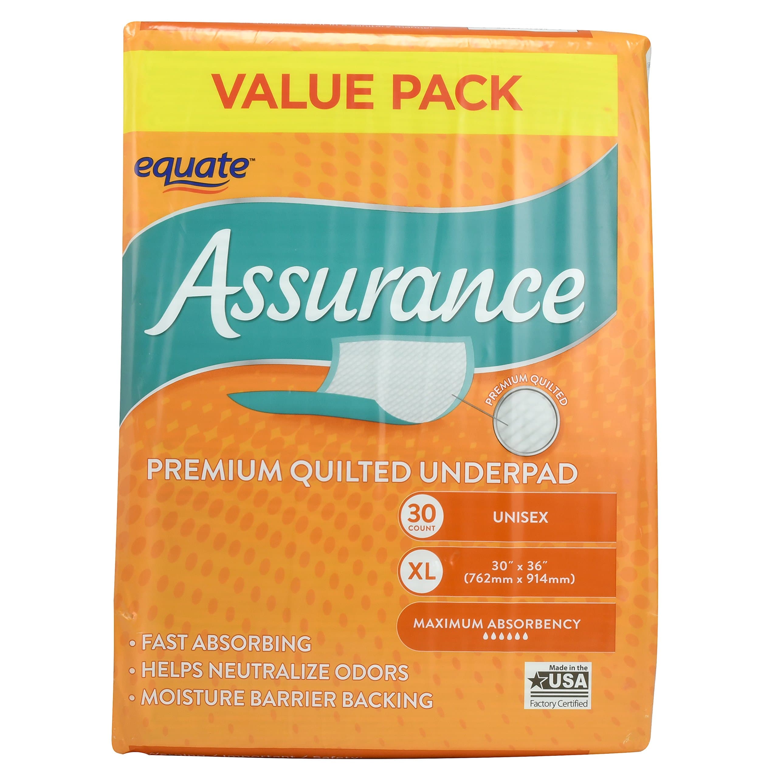 Assurance Premium Quilted Underpad, Value Pack, XL 30 COUNT (3 Pack)