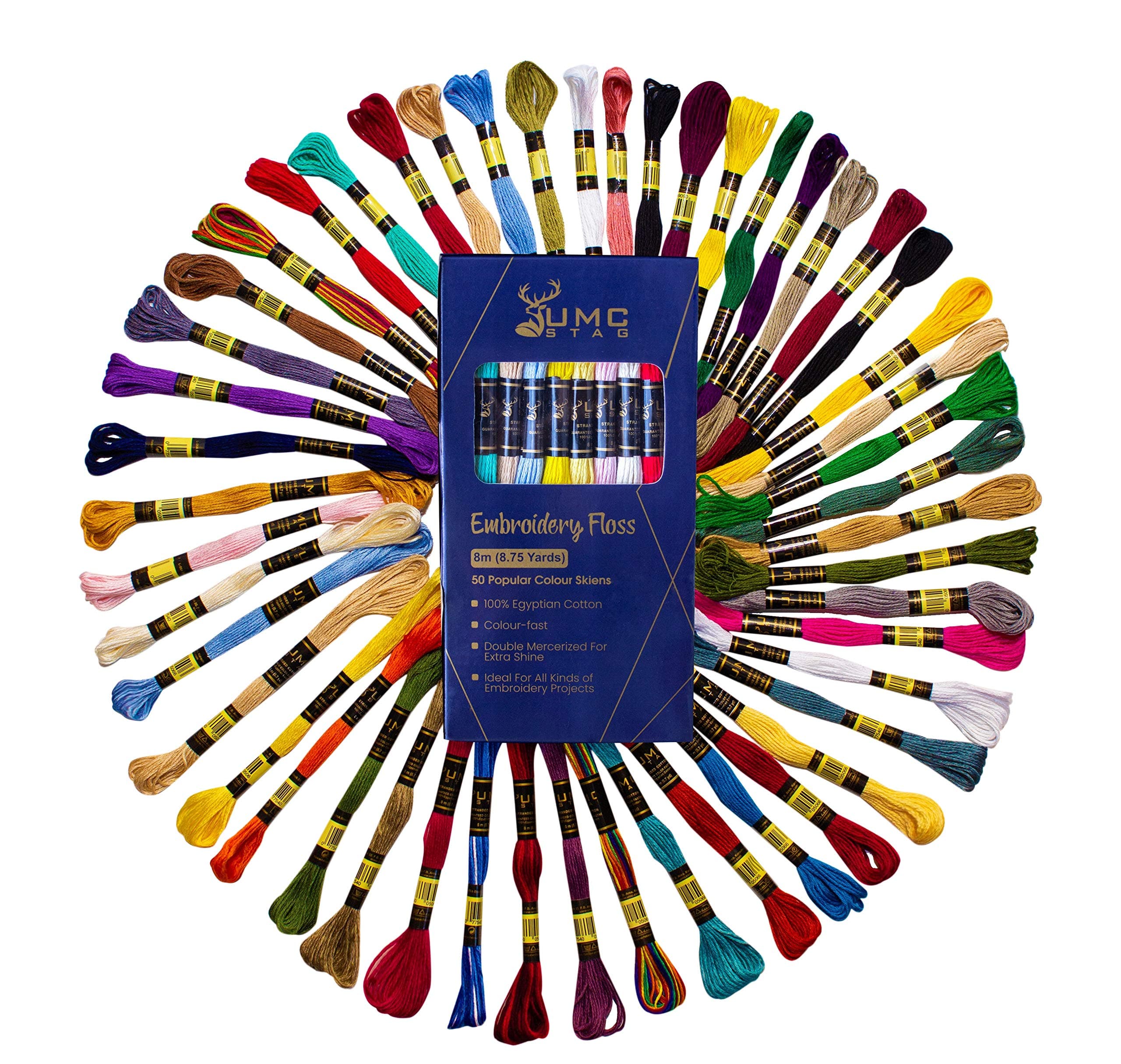 UMC STAG Pack of 50 Popular Colours Premium Embroidery Thread | 100% Egyptian Cotton Premium Skeins | Cross Stitch Embroidery Floss | Oeko TEX Certified Stranded Cotton | Ideal for Arts & Crafts