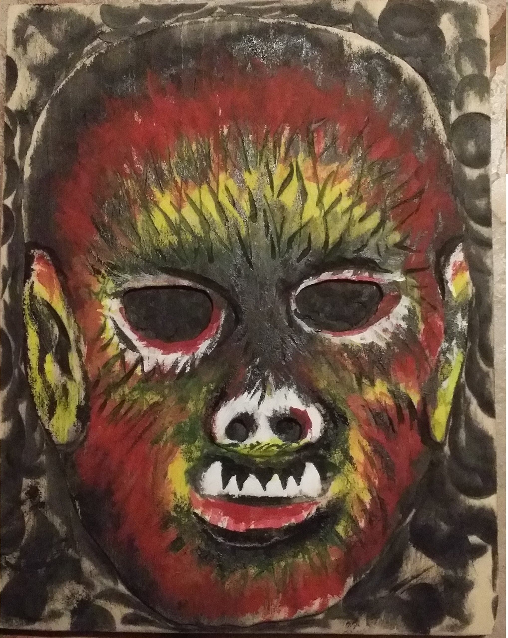 Vintage Halloween Mask Wood Art, Werewolf Carved and Painted Wooden Wall Hanging, Retro Halloween Design, 3-D Relief Art. measures: 7 X 11" Made to Order (Allow 1-4 weeks for production & delivery)