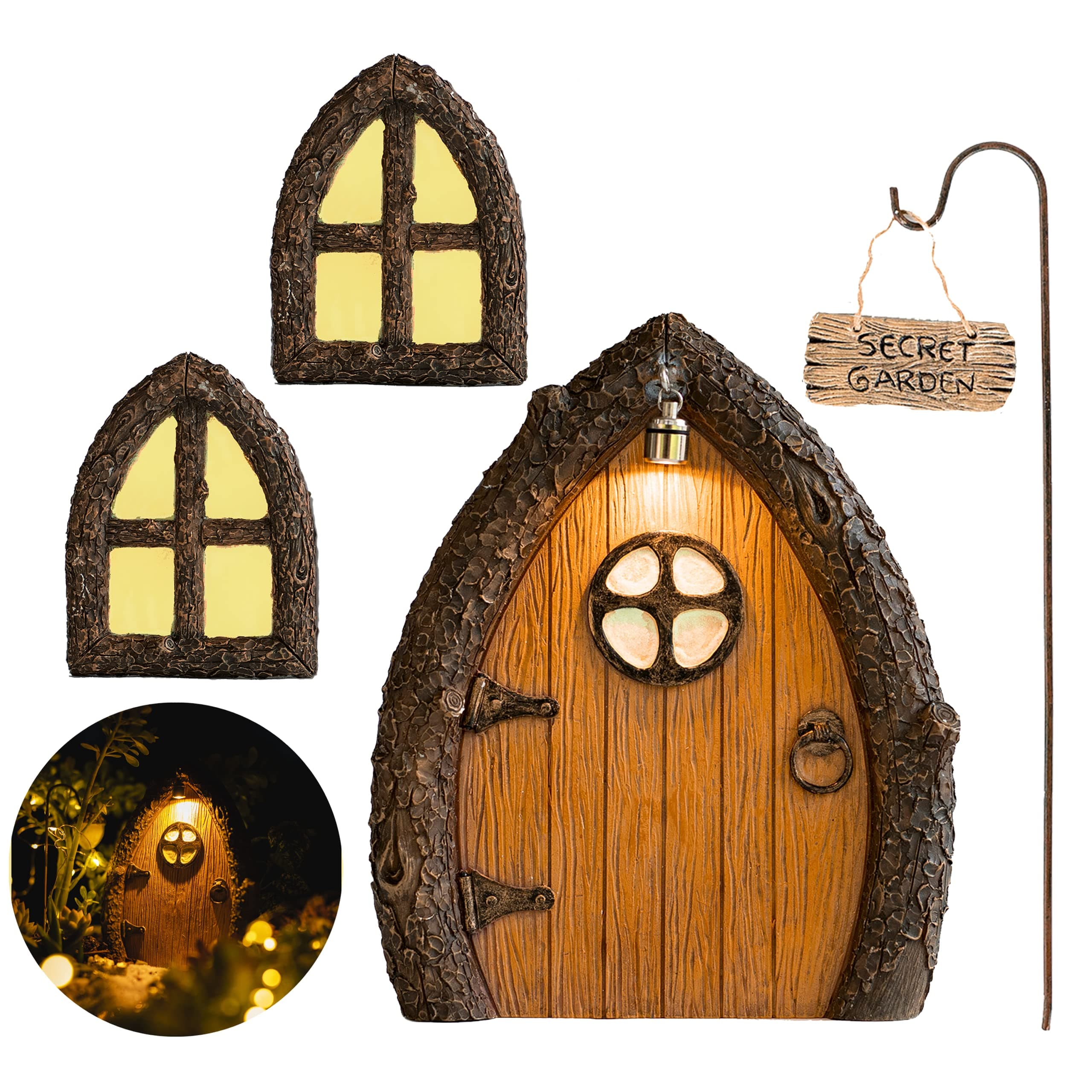 Fairy Door and Windows for Trees – Glow in The Dark Yard Art Sculpture Decoration for Kids Room, Wall and Trees Outdoor | Miniature Fairy Garden Outdoor Decor Accessories with Secret Garden Sign
